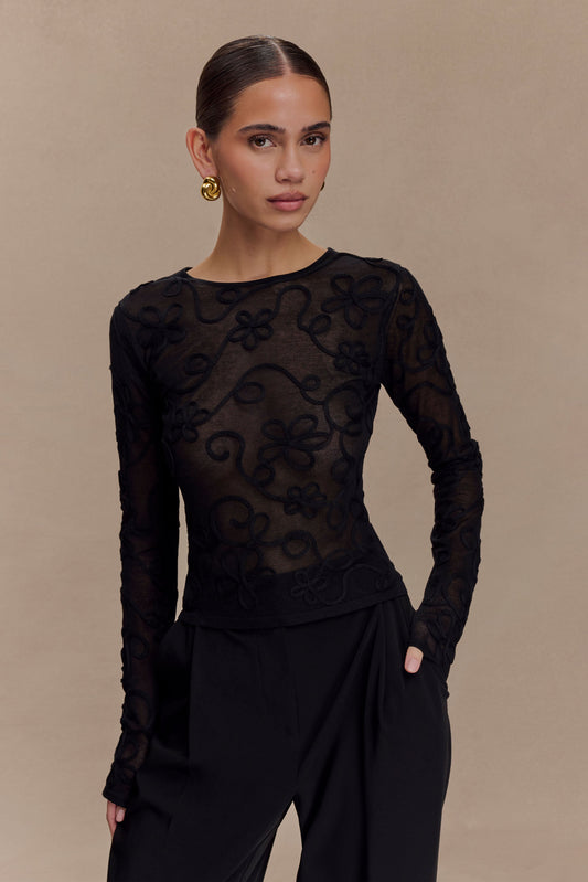 Top en tricot à manches longues brodé Omari - Noir