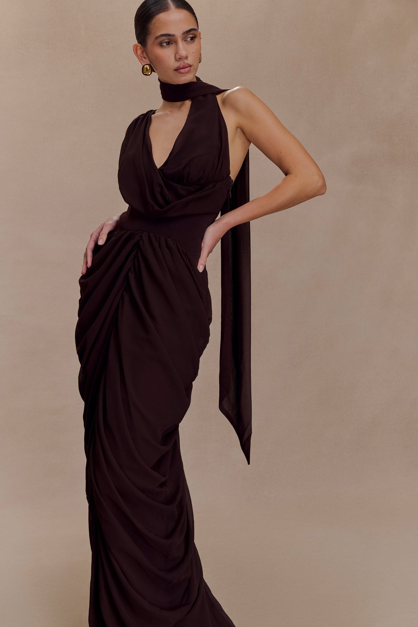 Robe Maxi en Chiffon Alex - Brun Cacao