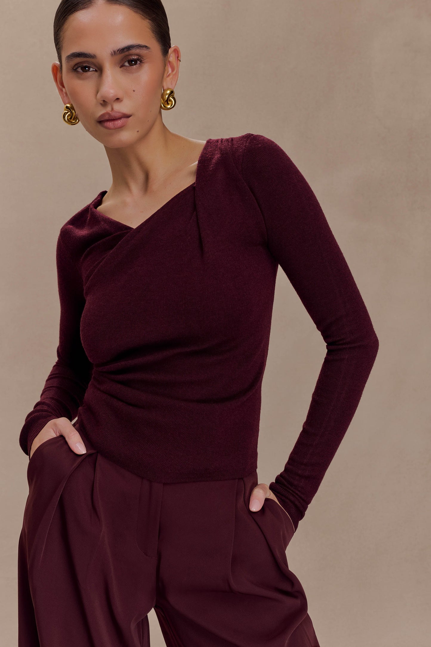 Top en tricot torsadé et drapé Culver - Vin rouge