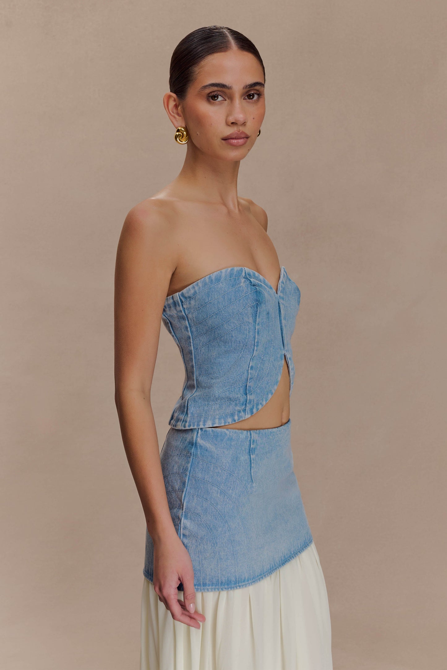 Top en jean sans bretelles à surpiqûres Tully - Bleu des années 80