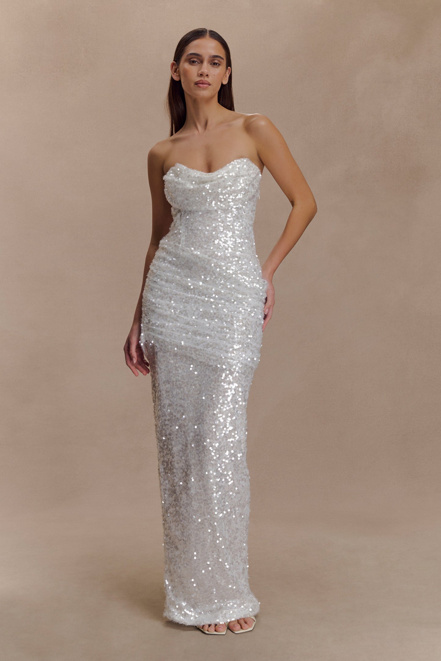 Robe Maxi Nala sans Bretelles à Paillettes - Ivoire