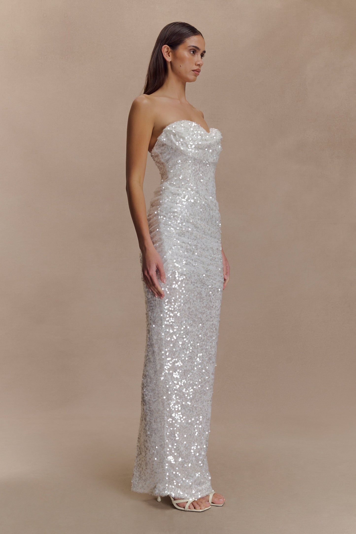 Robe Maxi Nala sans Bretelles à Paillettes - Ivoire
