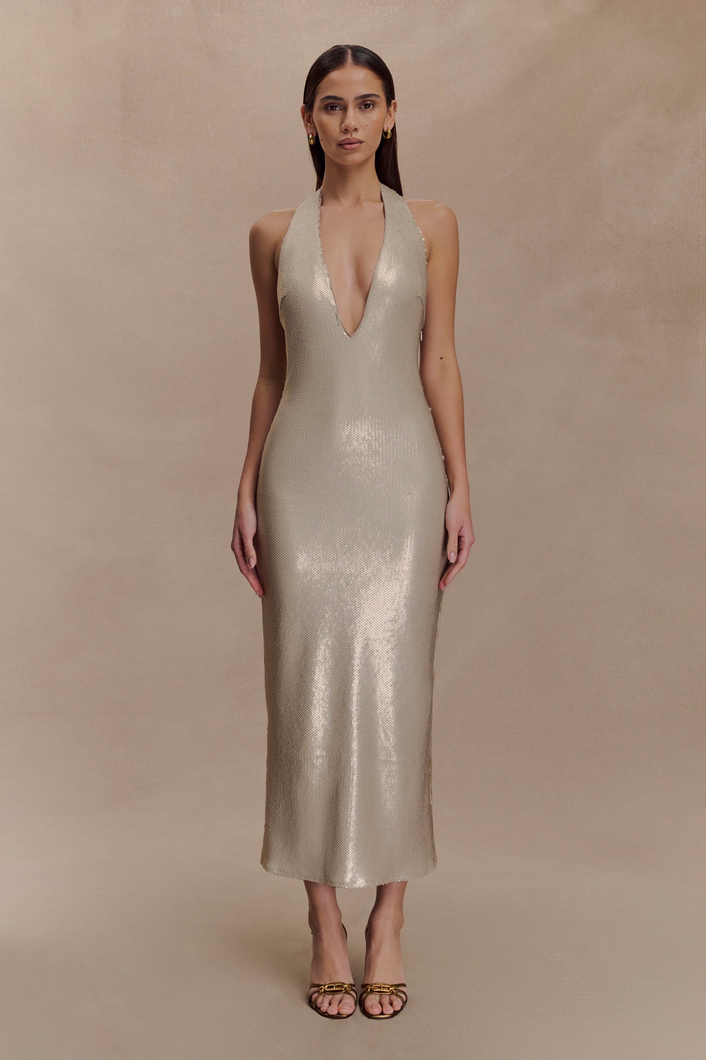 Robe midi halter à paillettes couleur chair - Or