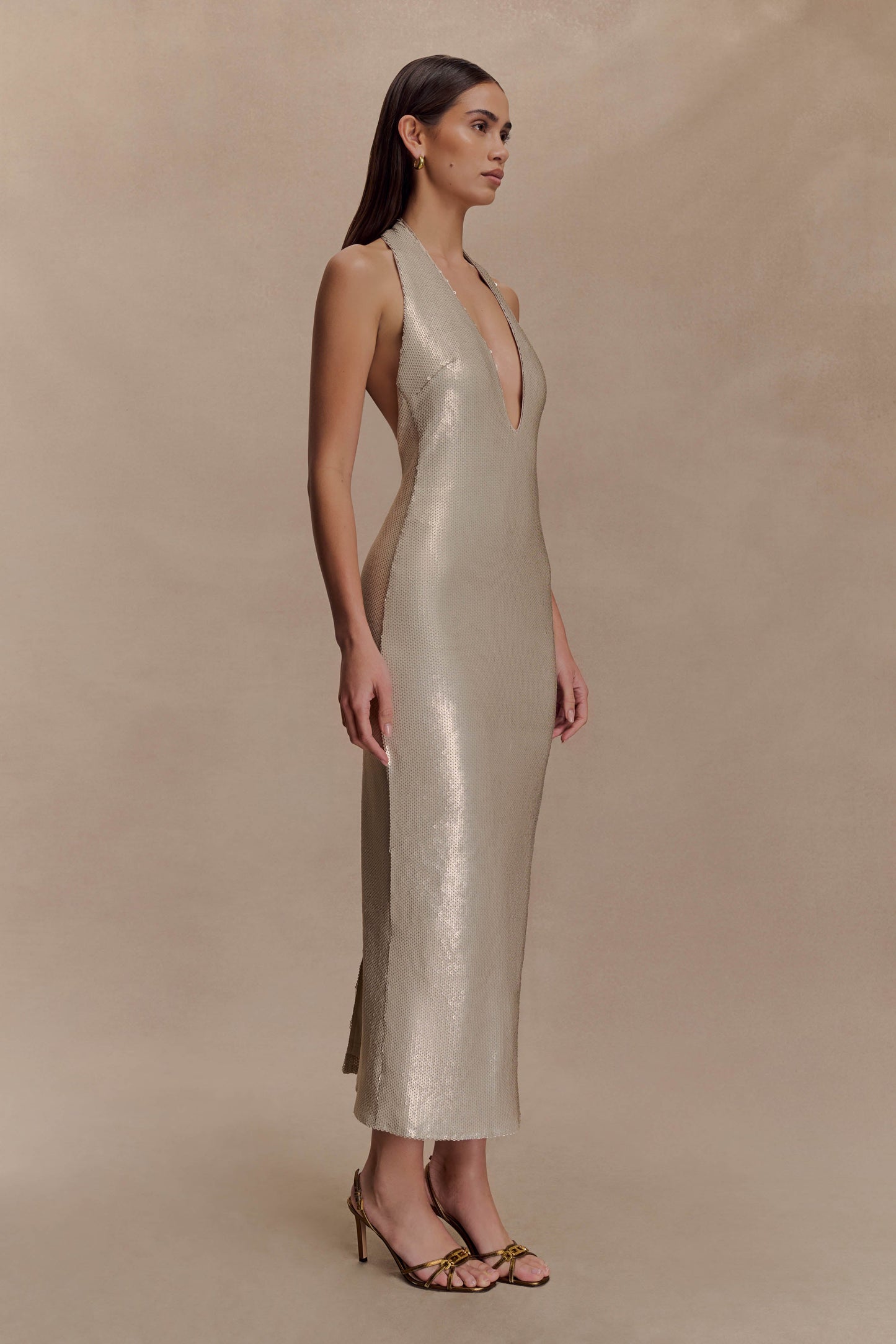 Robe midi halter à paillettes couleur chair - Or