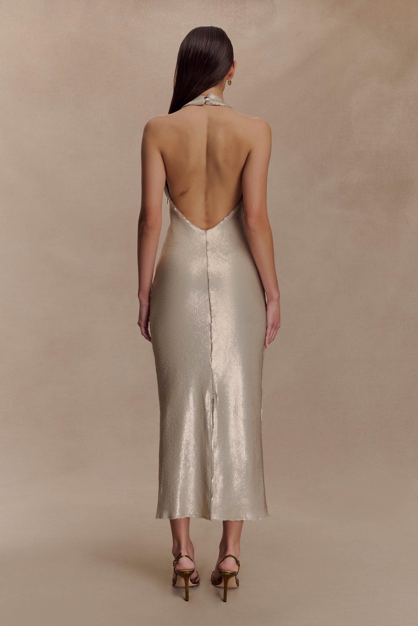 Robe midi halter à paillettes couleur chair - Or
