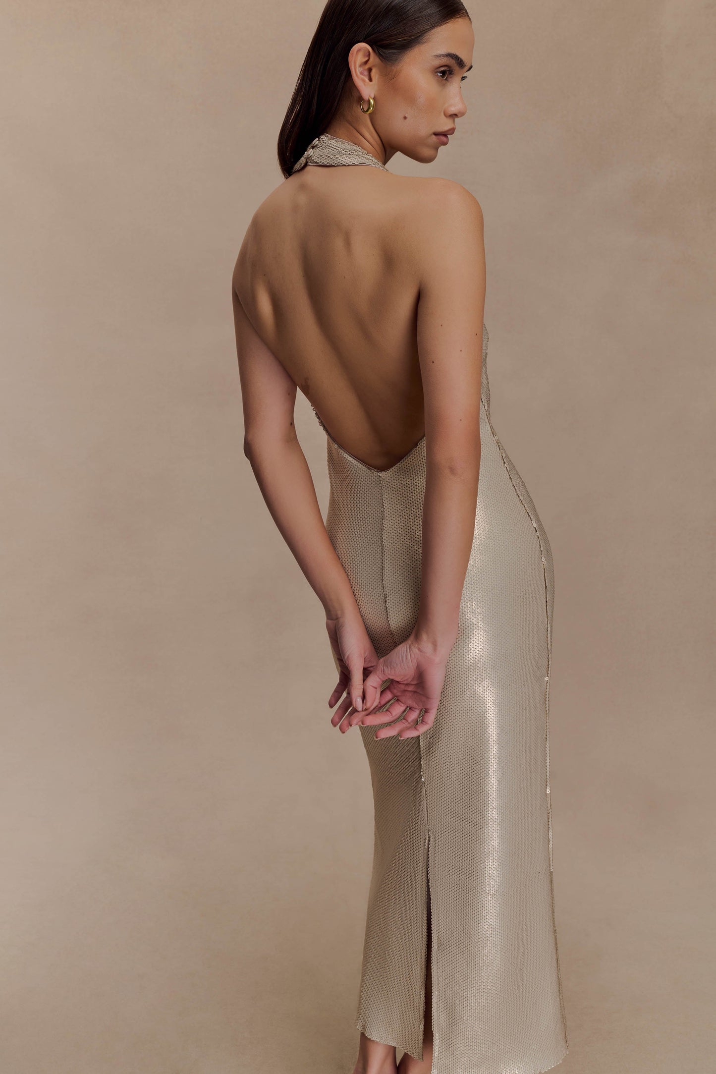 Robe midi halter à paillettes couleur chair - Or