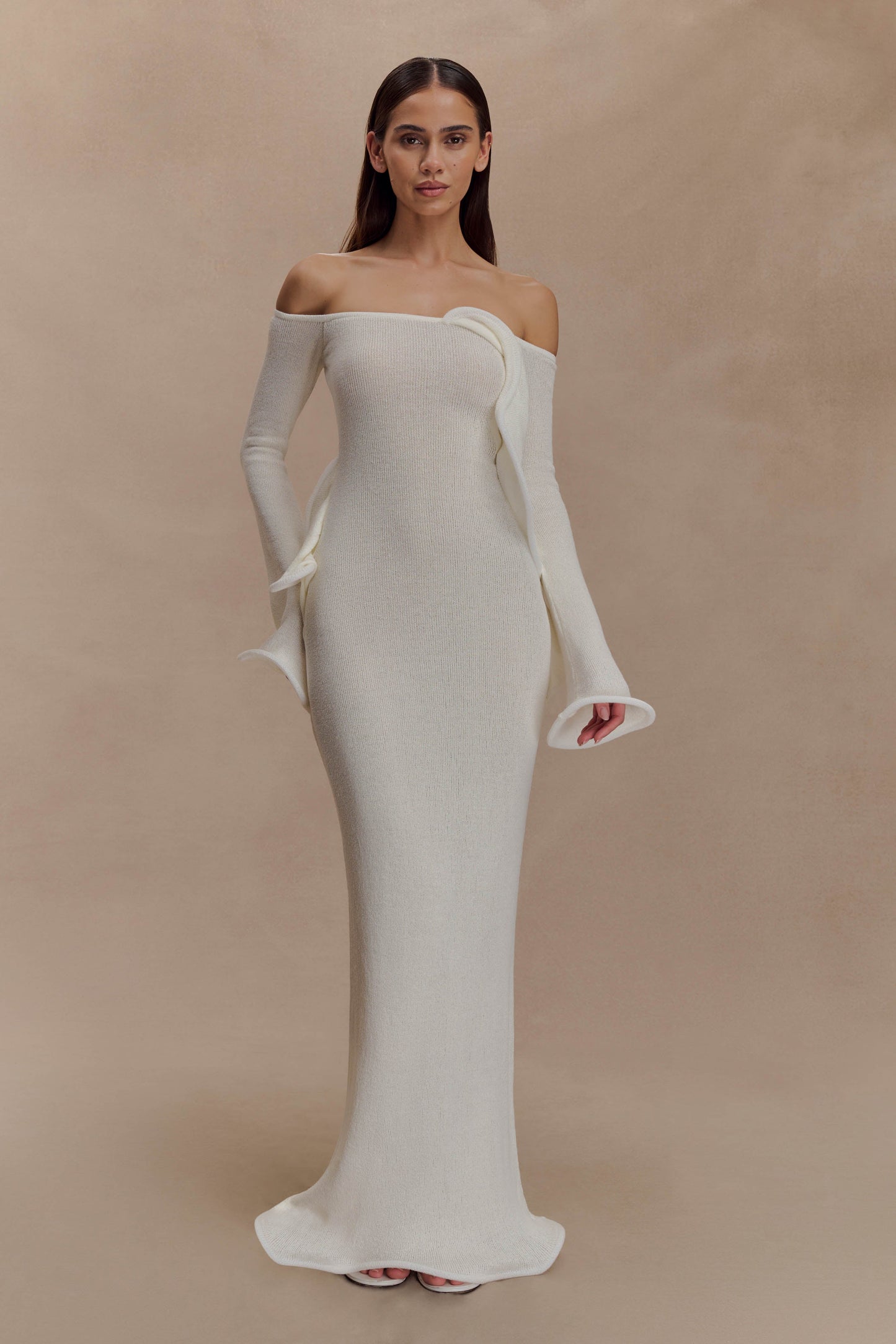Sandrine Robe Maxi Tricoté à Manches Décolletées - Blanc