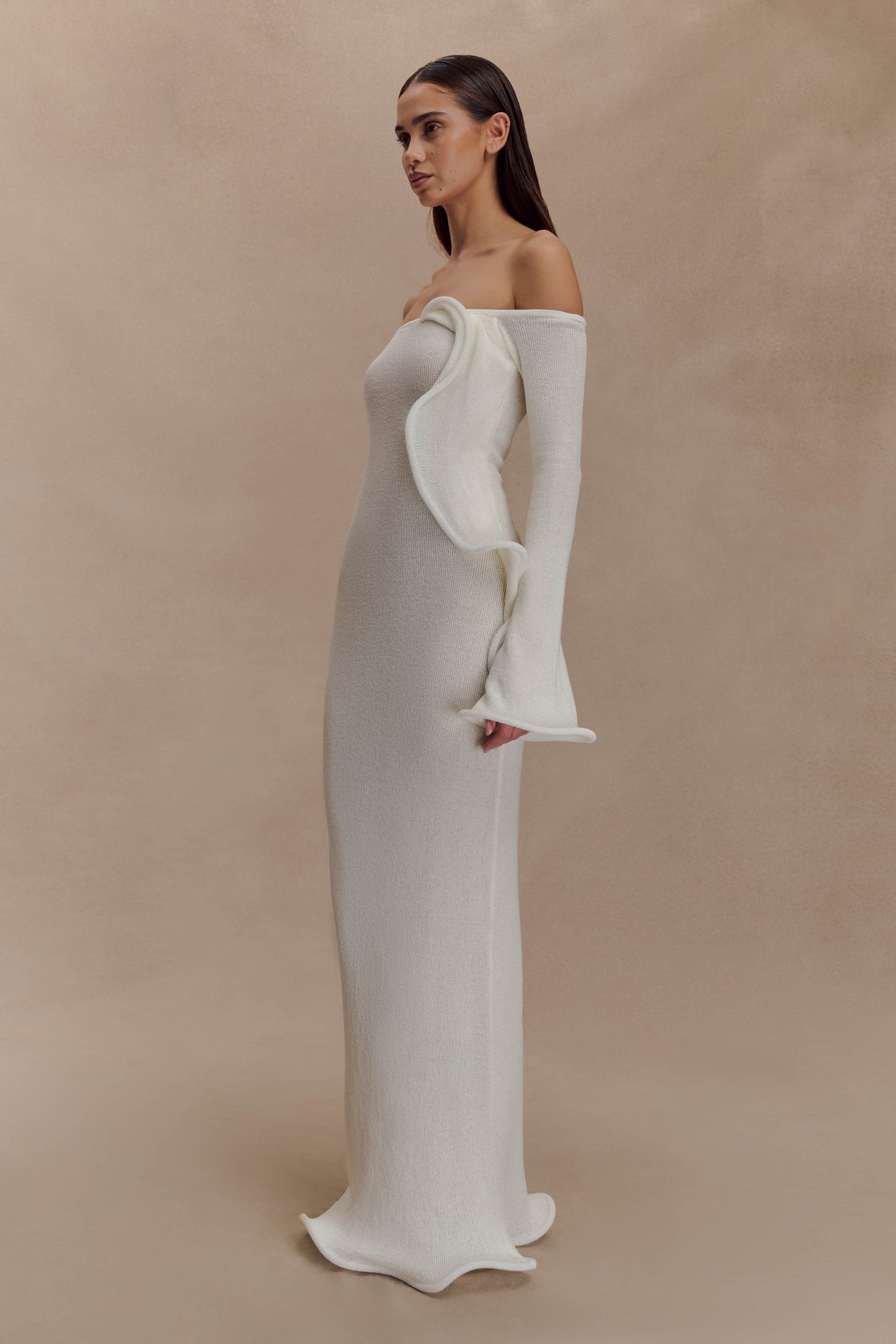 Sandrine Robe Maxi Tricoté à Manches Décolletées - Blanc