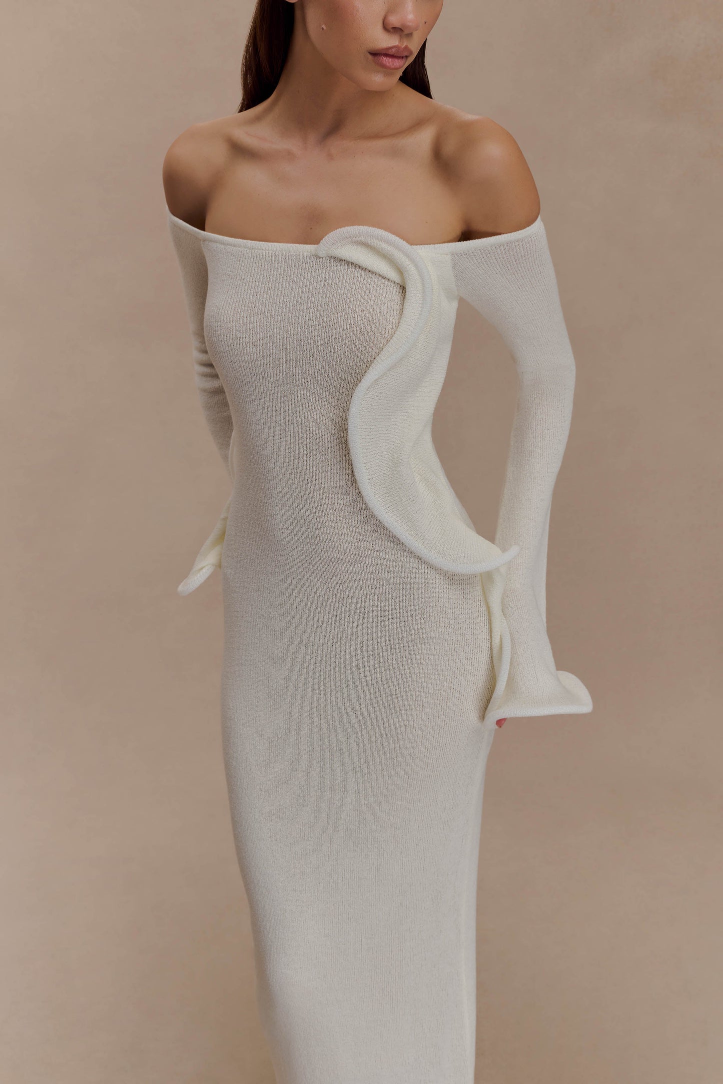 Sandrine Robe Maxi Tricoté à Manches Décolletées - Blanc