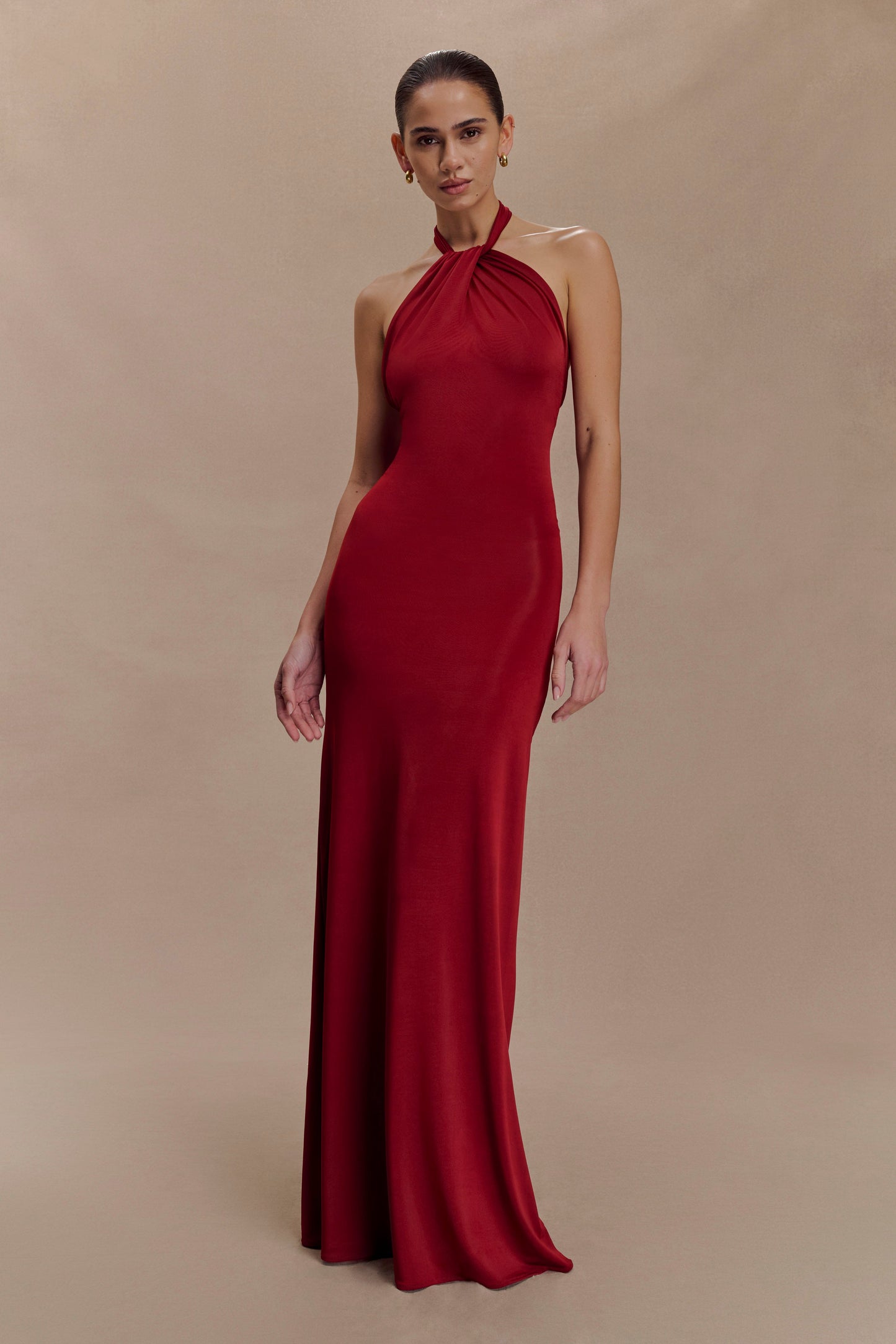 Robe Maxi Halter Élyna à Volants - Rouge Foncé