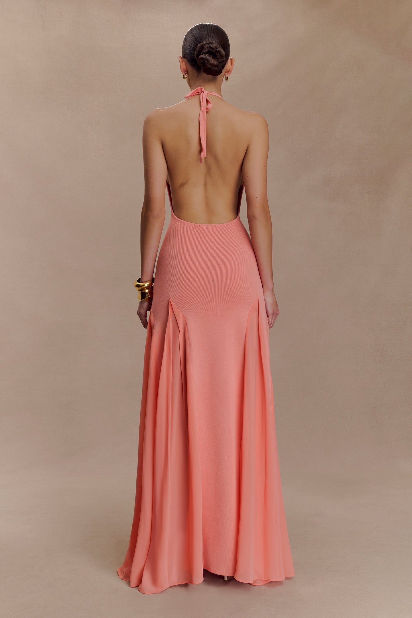 Robe Maxi Soleil en Tricot et Maille avec Décolleté en V - Corail