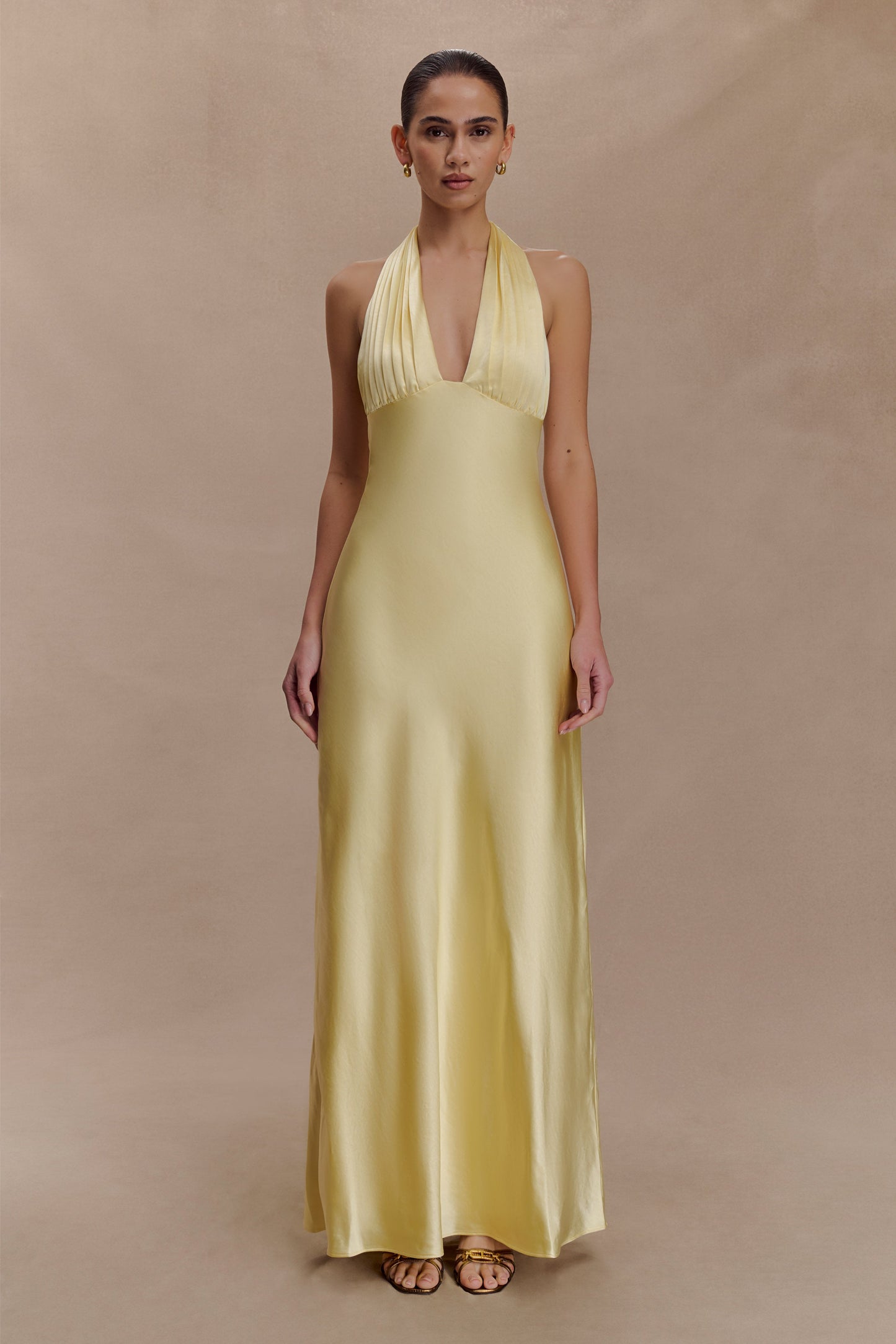 Alice Robe Maxi en Satin avec Décolleté Halter - Citron