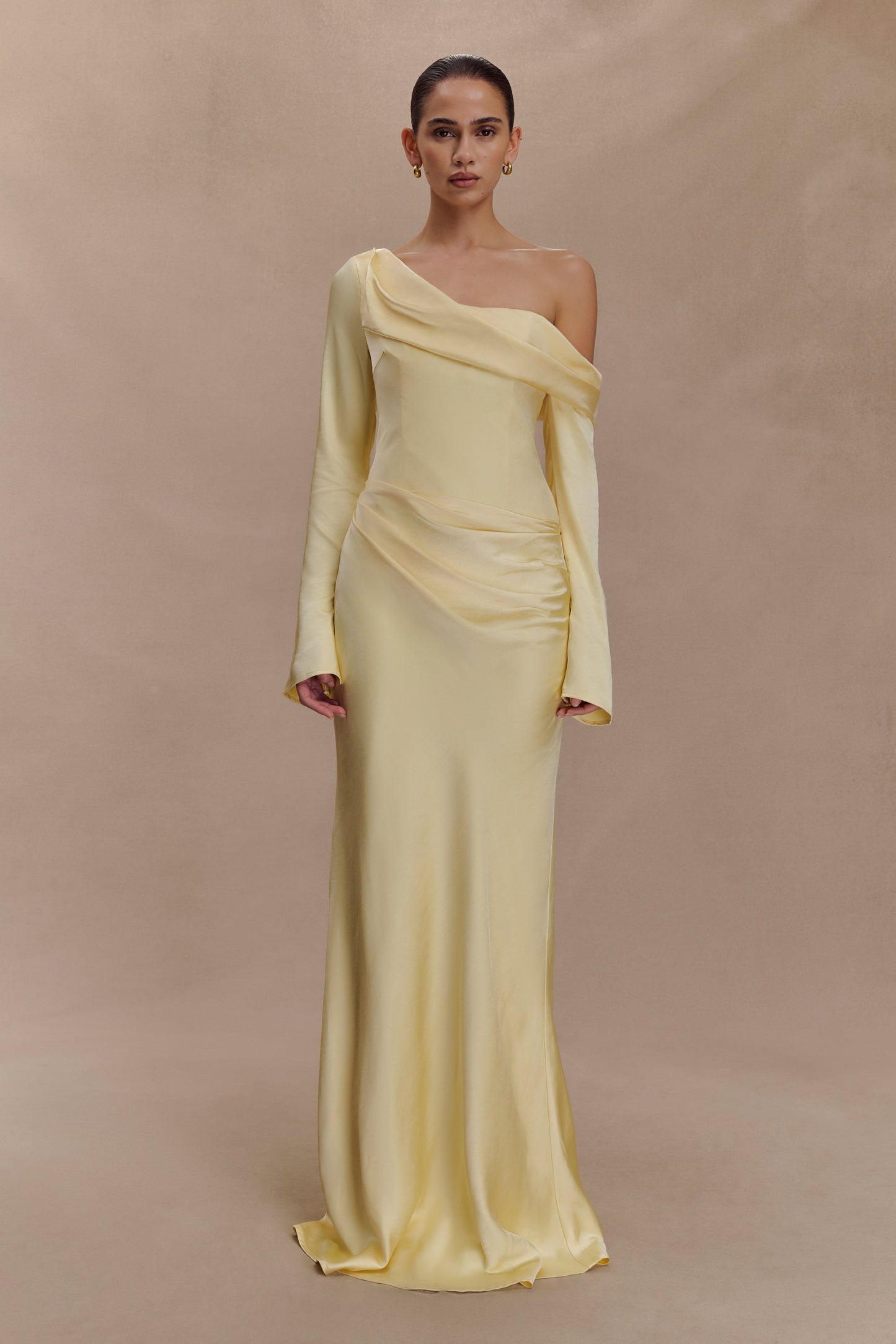 Iris Robe Maxi Satin à Manches Longues - Citron
