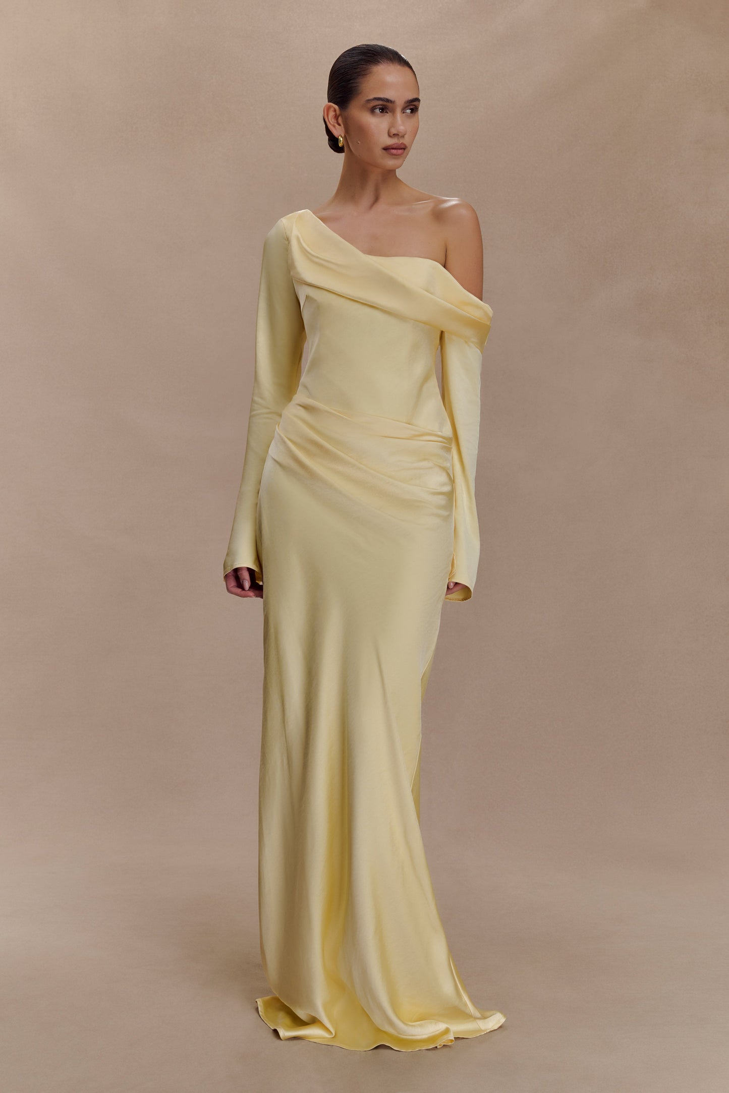 Iris Robe Maxi Satin à Manches Longues - Citron