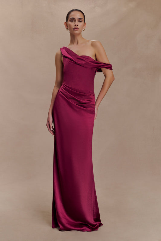 Robe Maxi en Satin Dalia à Manches Décolletées - Brun-Rouge