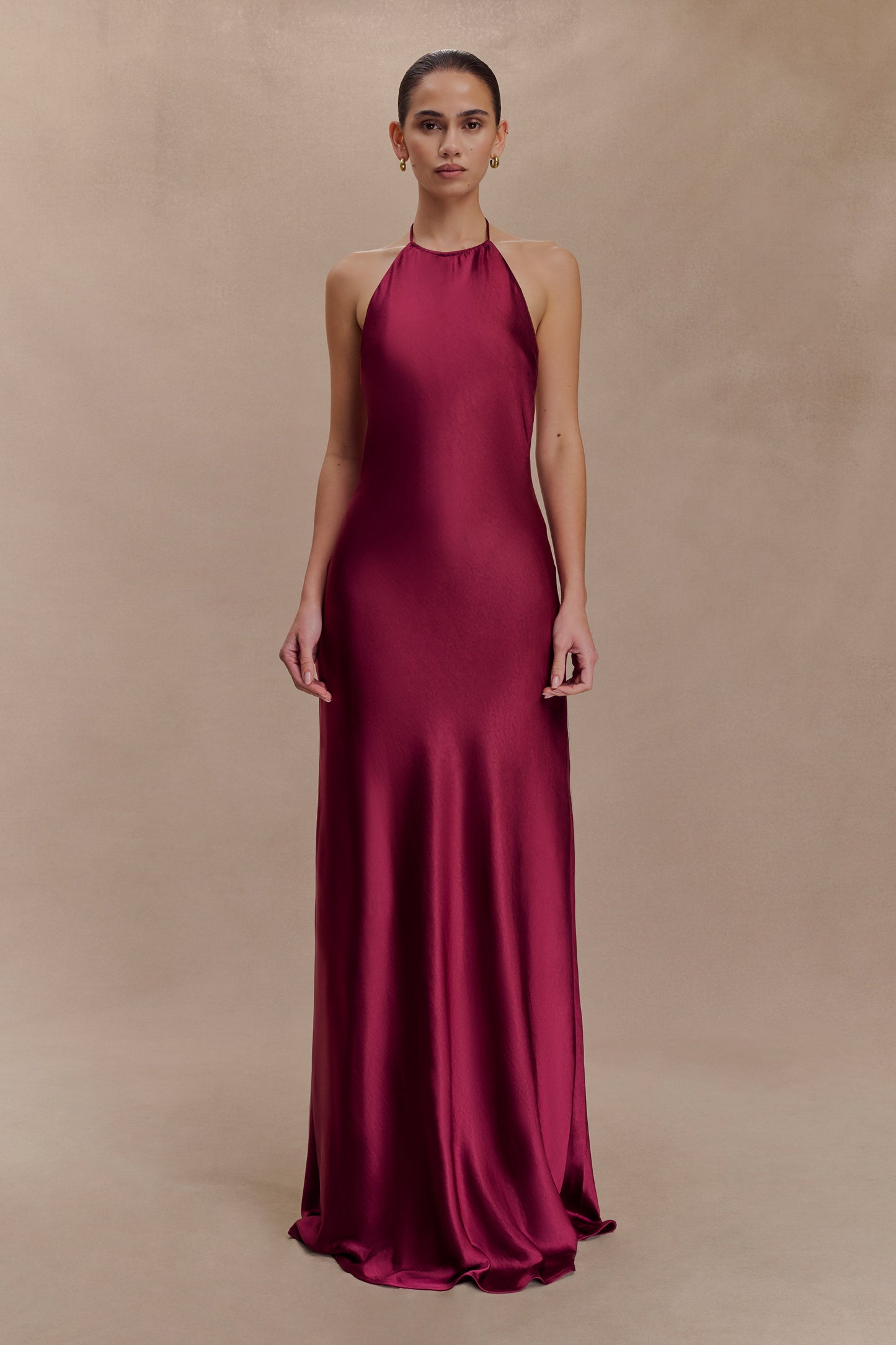 Bella Robe Maxi Halter en Satin - Brun-Rouge