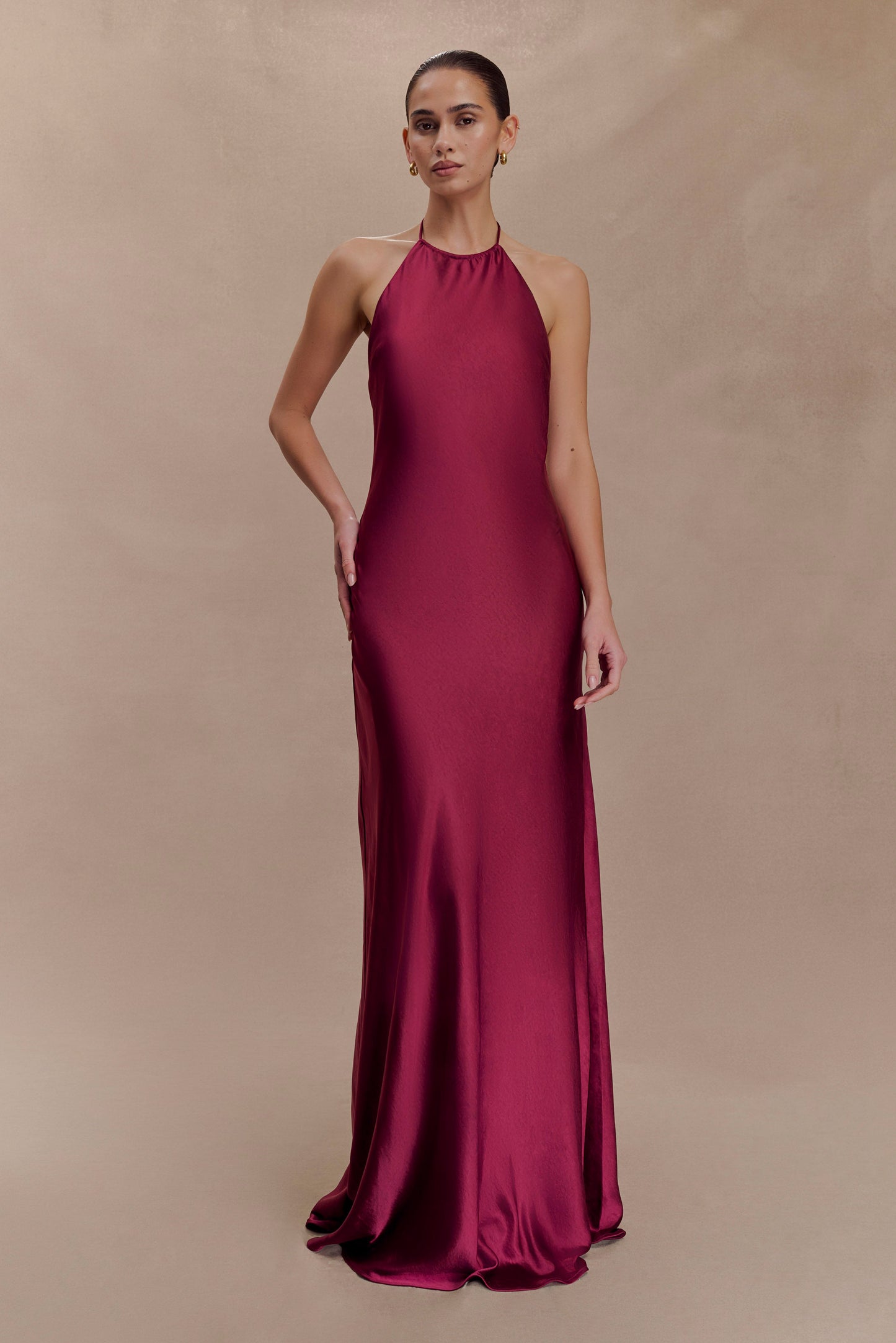 Bella Robe Maxi Halter en Satin - Brun-Rouge