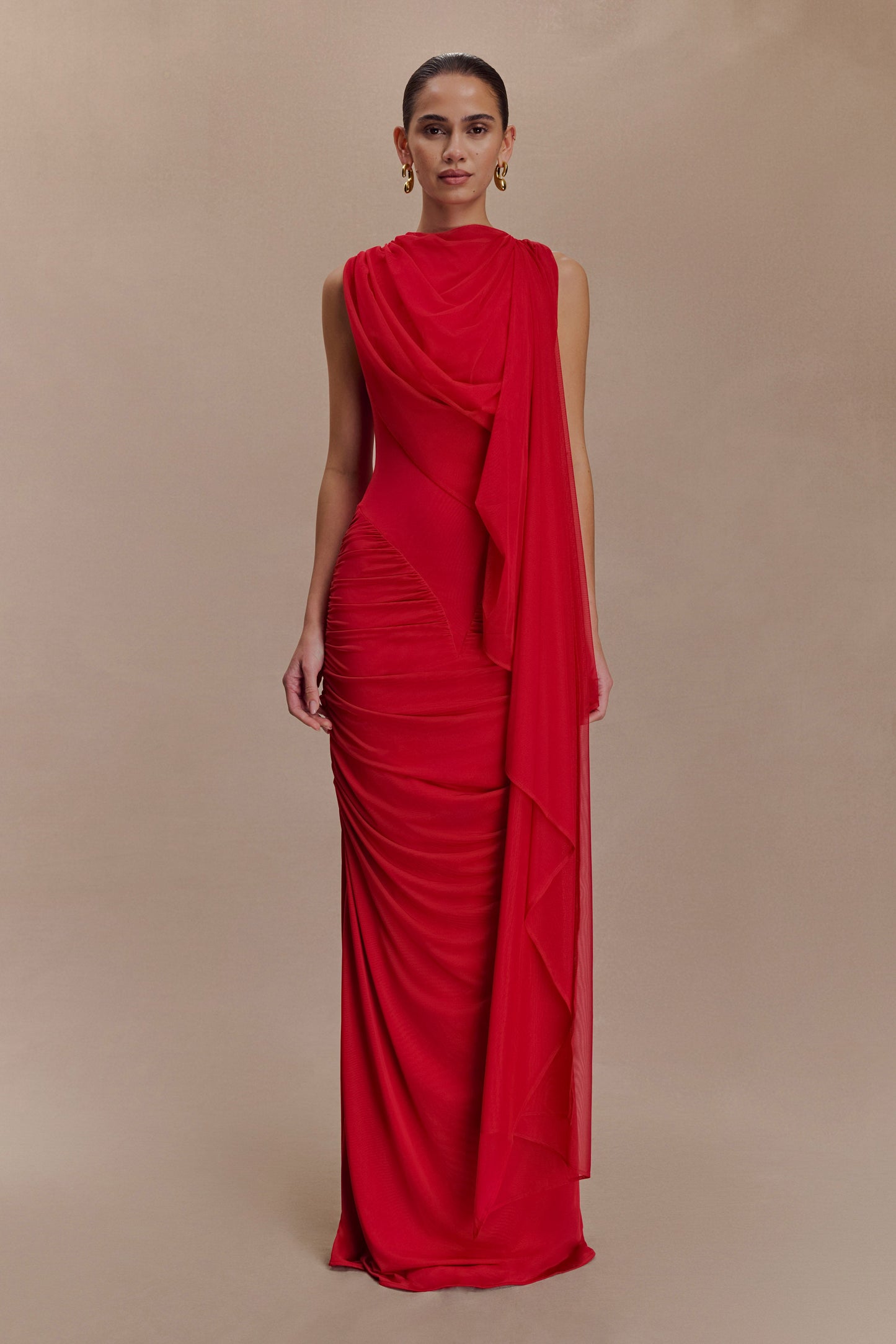 Amandine Robe Maxi Étroite à Plis - Rubis