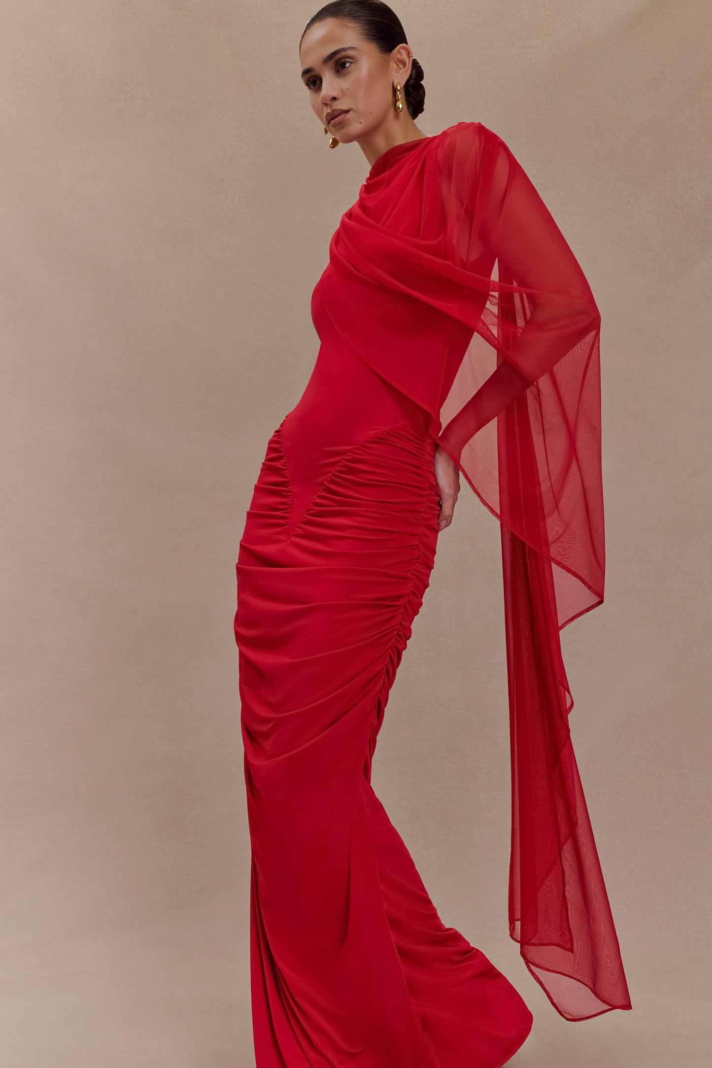 Amandine Robe Maxi Étroite à Plis - Rubis