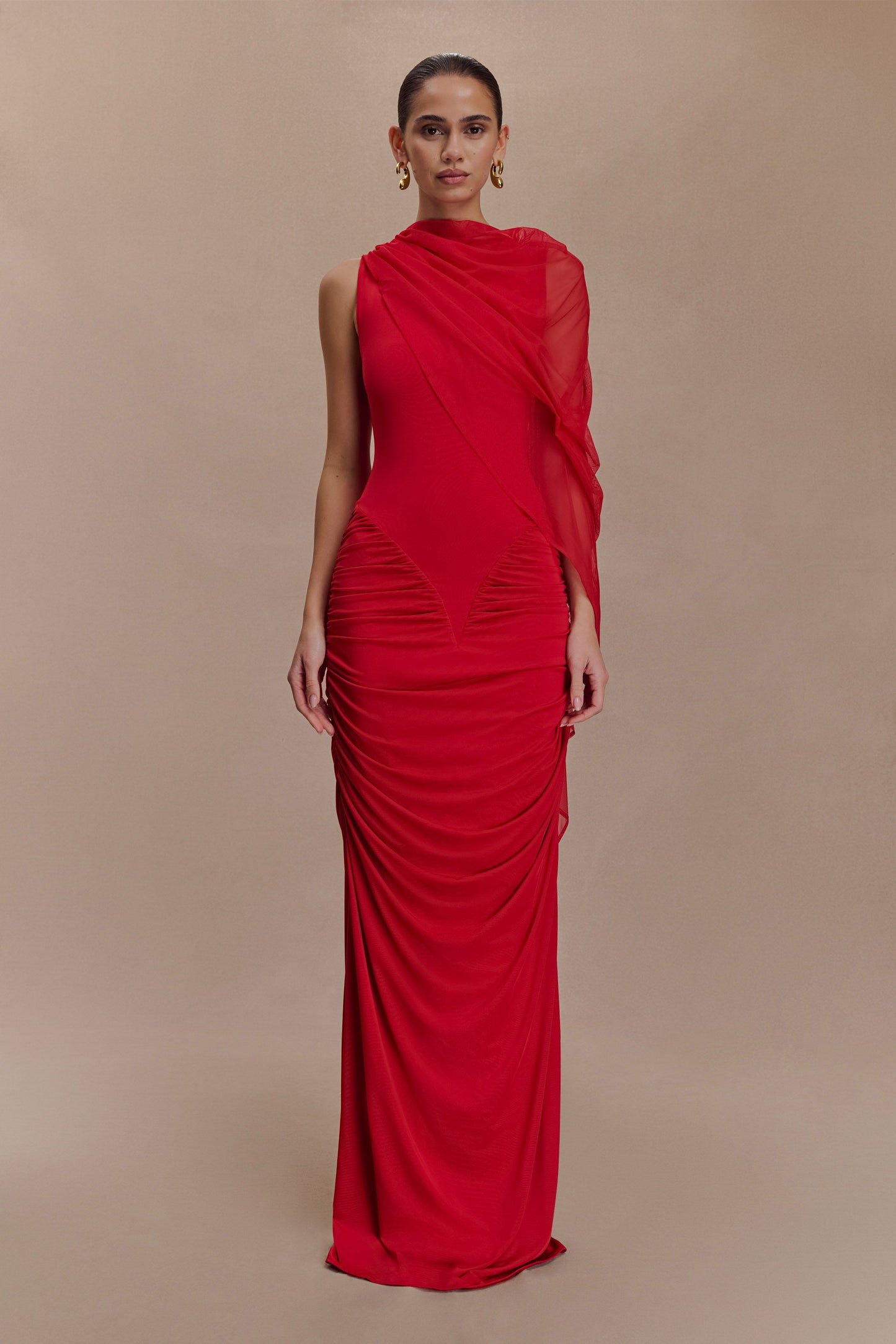 Amandine Robe Maxi Étroite à Plis - Rubis