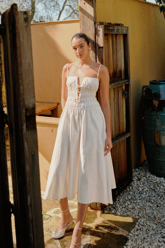 Robe midi en coton à plis Elias - Blanc
