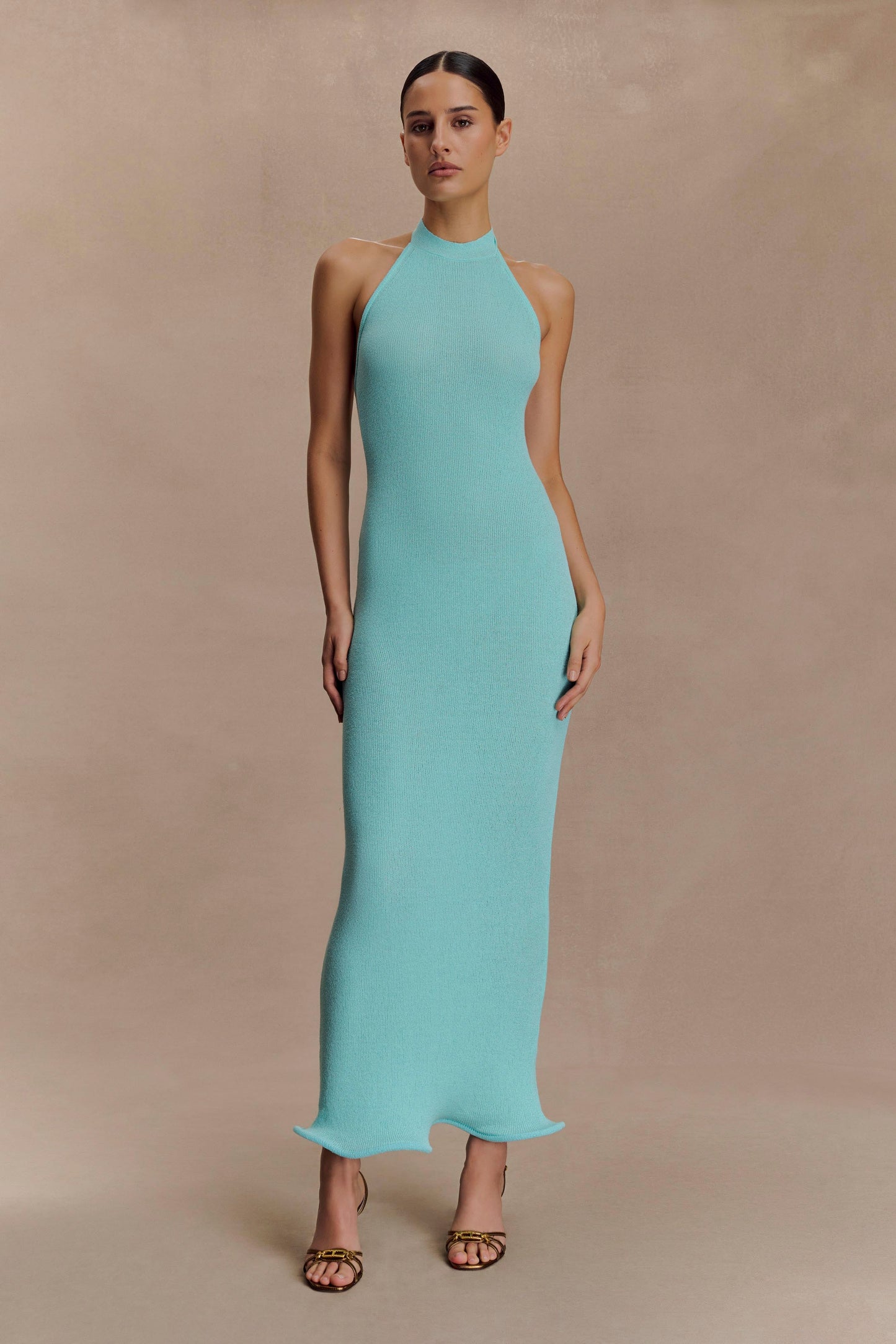 Robe Maxi Tricotée à Col Haut Melodie - Bleu Cyan