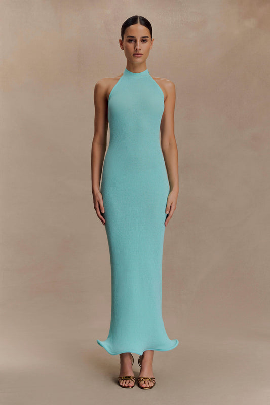 Robe Maxi Tricotée à Col Haut Melodie - Bleu Cyan