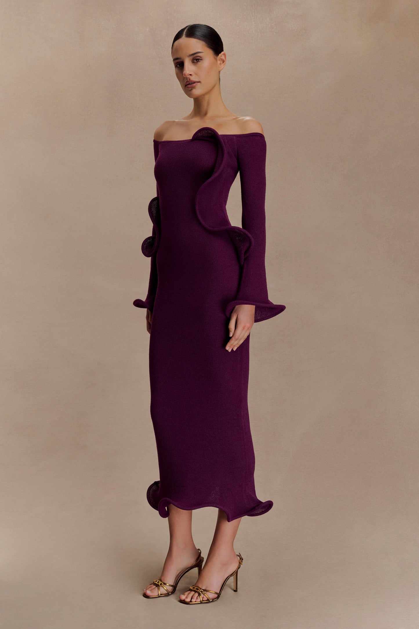 Sandrine Robe Maxi Tricoté Décolleté Croisé - Prune
