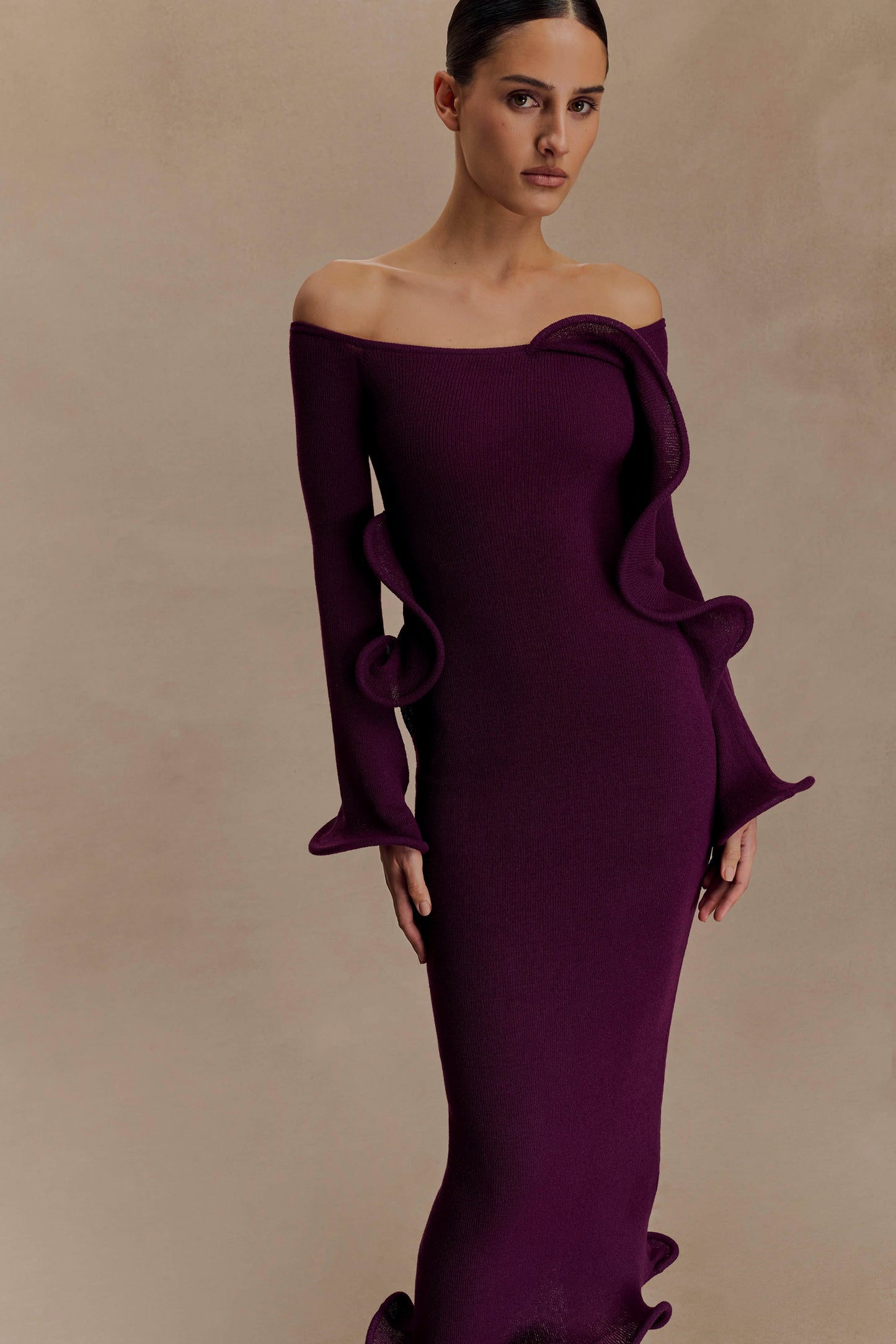 Sandrine Robe Maxi Tricoté Décolleté Croisé - Prune