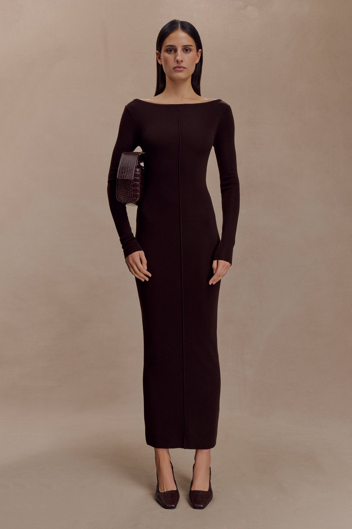 Robe Maxi à Manches Longues en Tricot de Laine Mérinos Cleona - Chocolat Intense