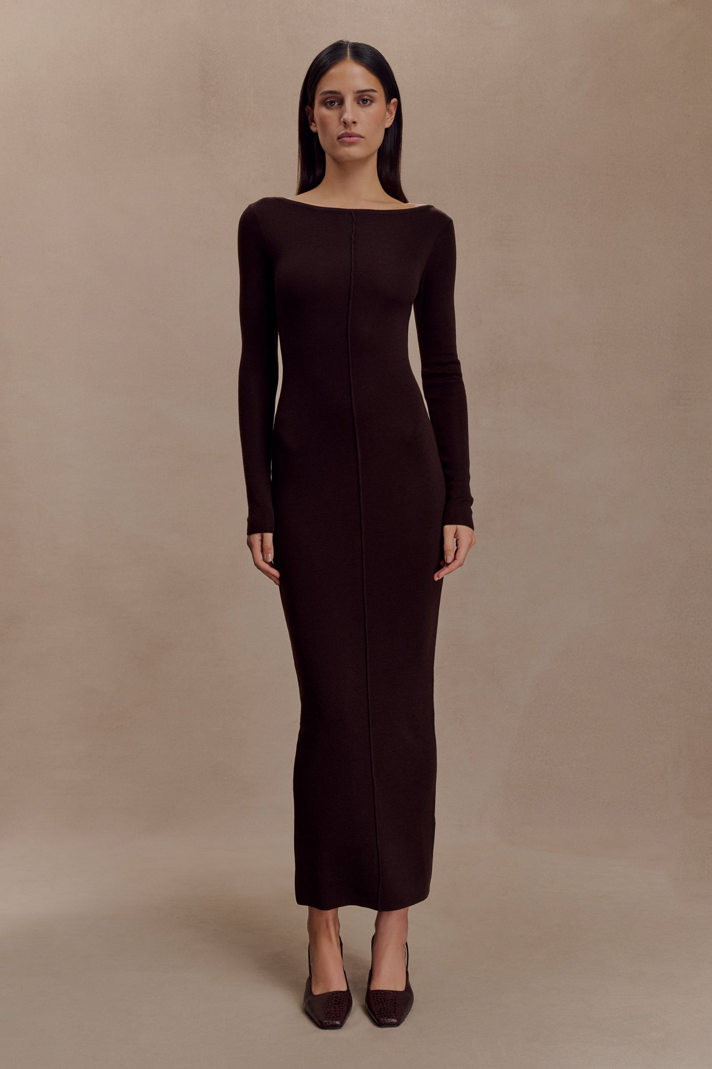 Robe Maxi à Manches Longues en Tricot de Laine Mérinos Cleona - Chocolat Intense