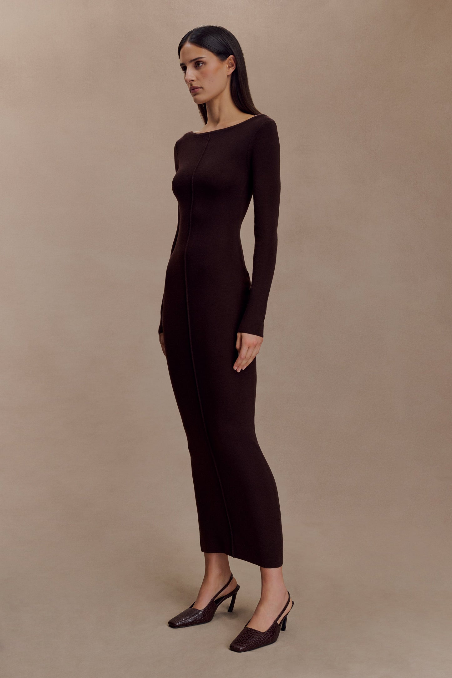 Robe Maxi à Manches Longues en Tricot de Laine Mérinos Cleona - Chocolat Intense