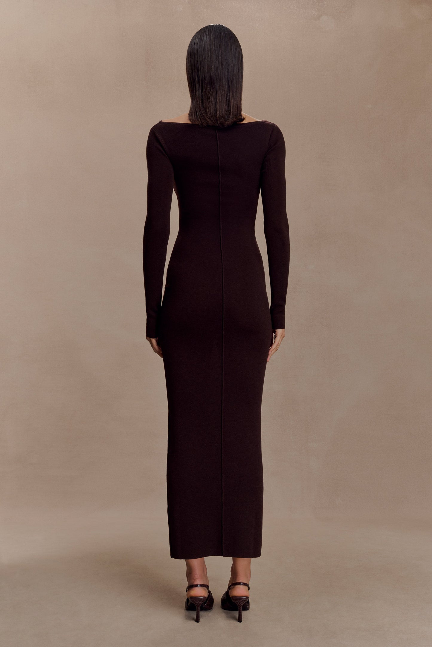 Robe Maxi à Manches Longues en Tricot de Laine Mérinos Cleona - Chocolat Intense