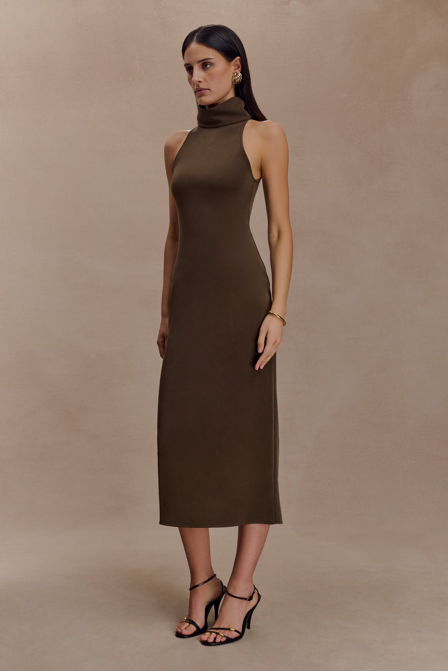 Robe midi à col montant Kennedy - Chocolat