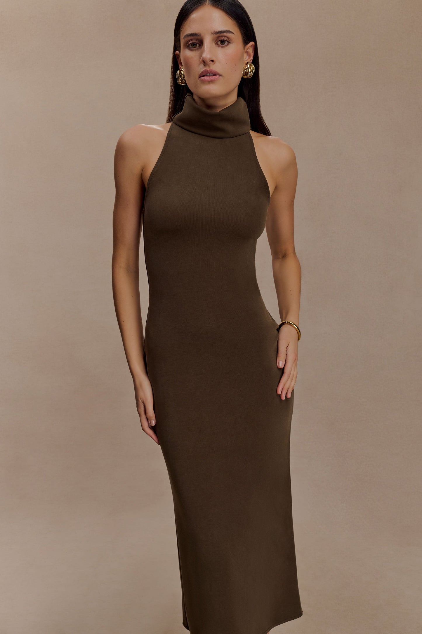 Robe midi à col montant Kennedy - Chocolat