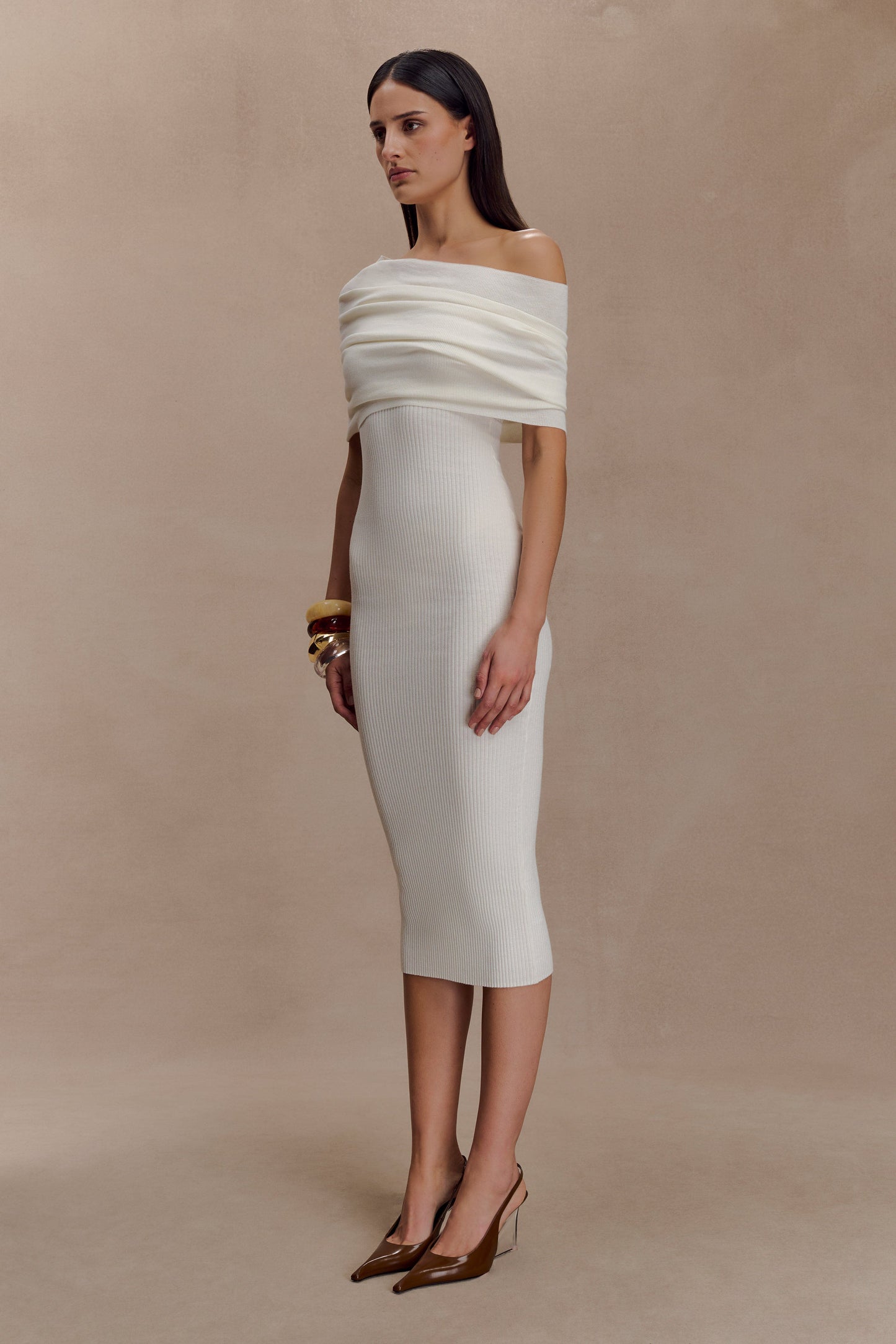 Zandie Robe Midi en Tricot Mélangé Cachemire - Ivoire