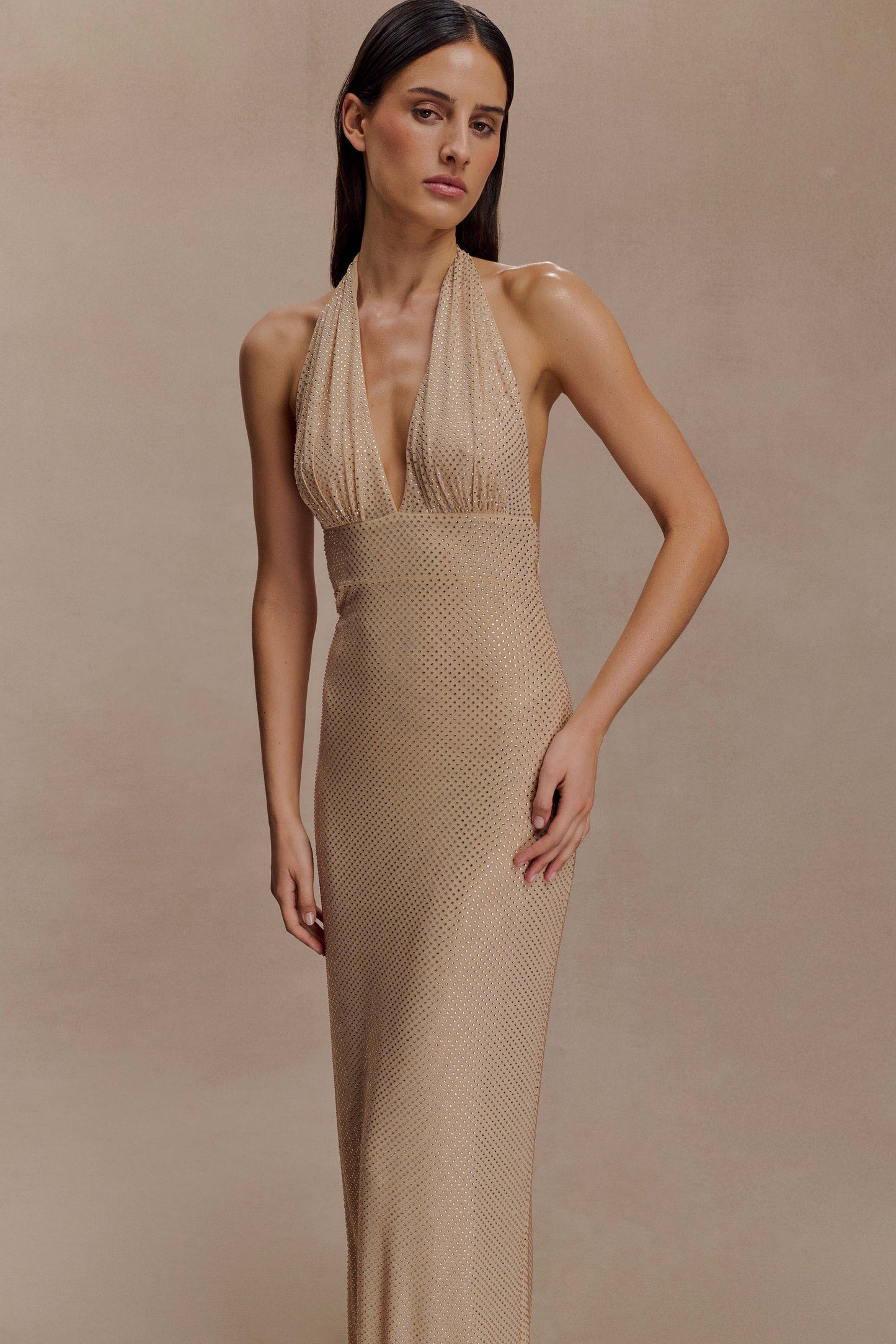 Robe Maxi Harriet à Col Halter et Diamants - Or Sable