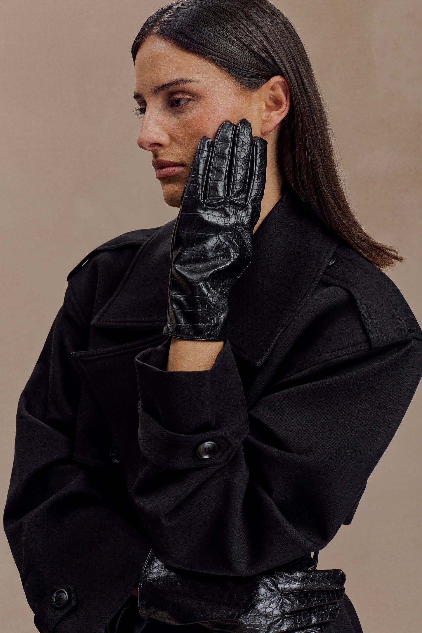 Atlas Gants en simili cuir croco - Noir