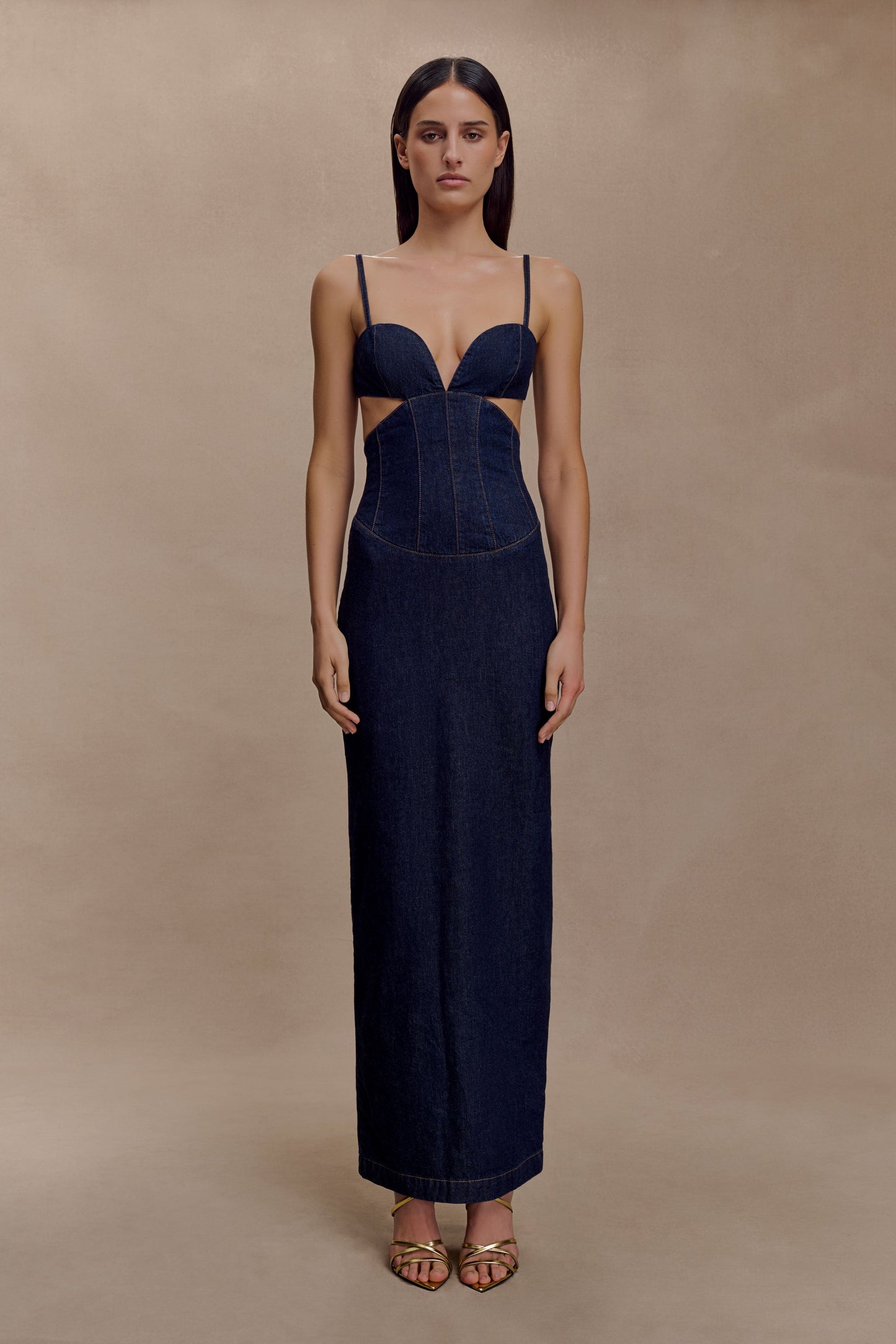 Amila Robe Maxi en Jean à Manches Bouffantes - Bleu Indigo
