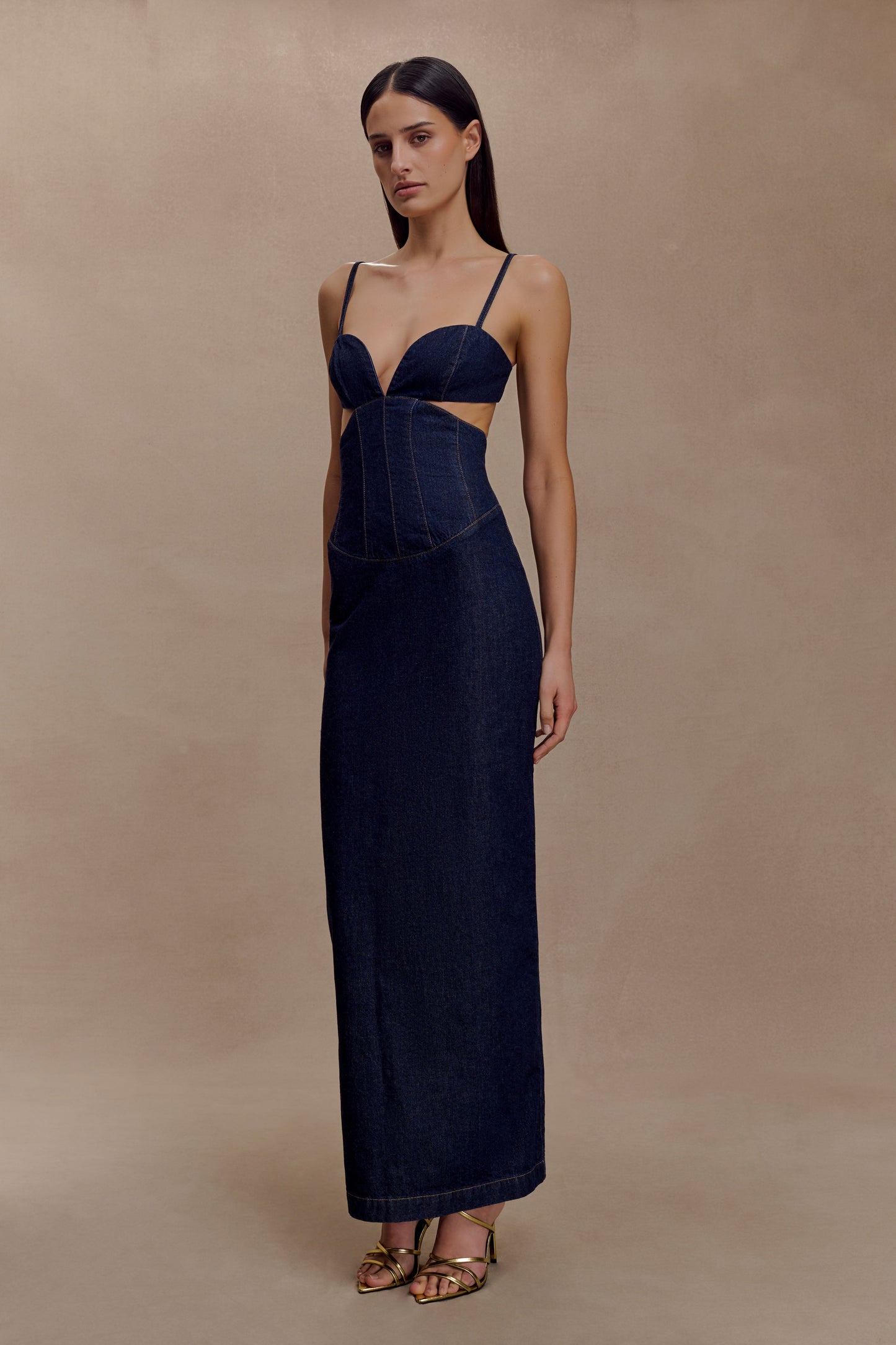 Amila Robe Maxi en Jean à Manches Bouffantes - Bleu Indigo
