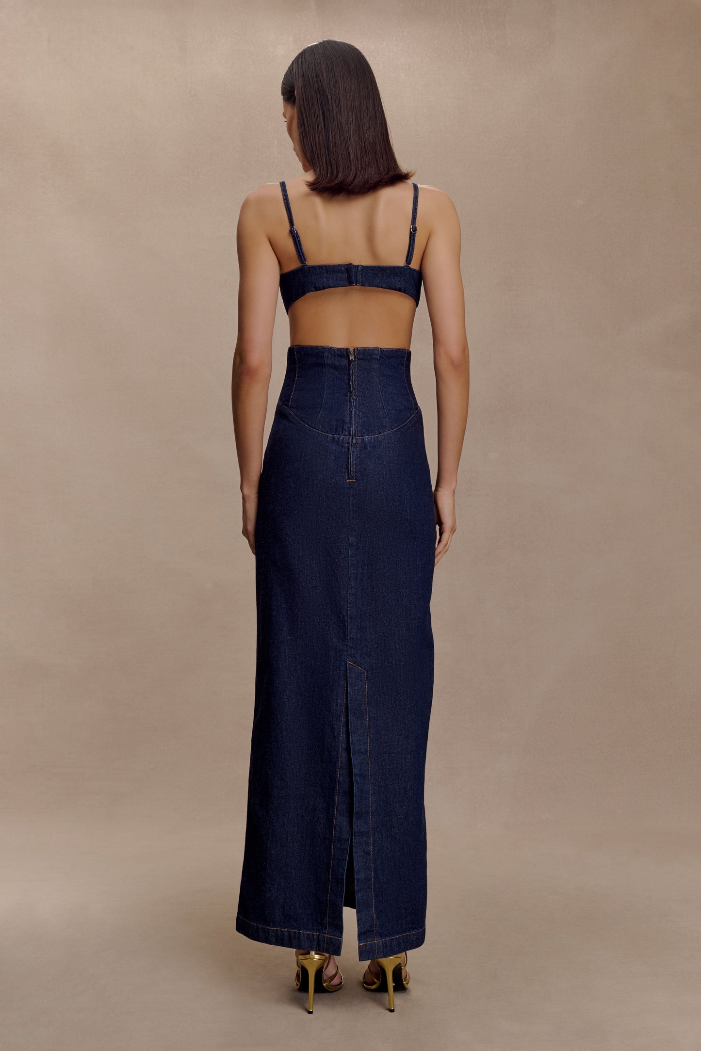 Amila Robe Maxi en Jean à Manches Bouffantes - Bleu Indigo