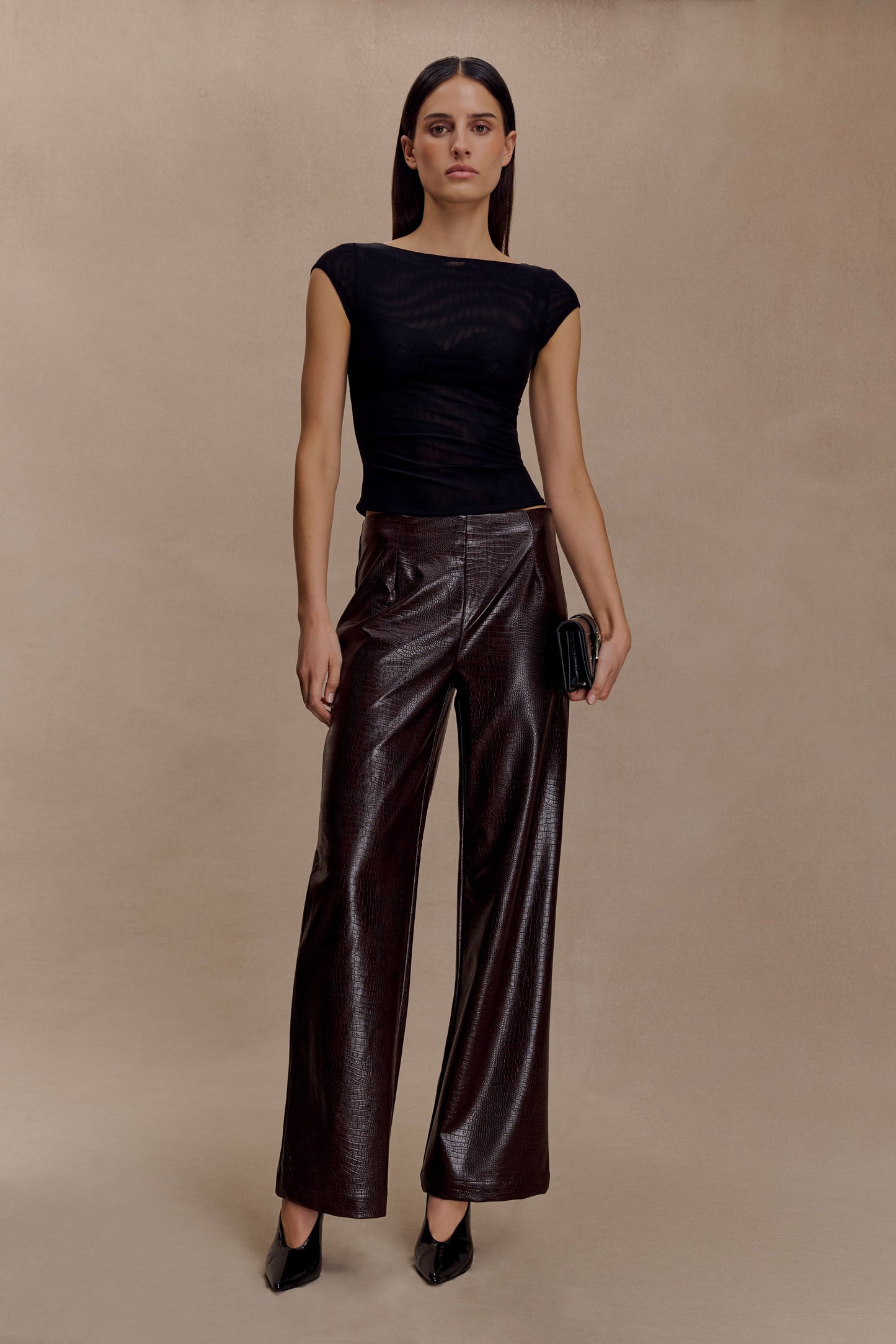 Pantalon droit en simili cuir Henry Croc - Chocolat noir