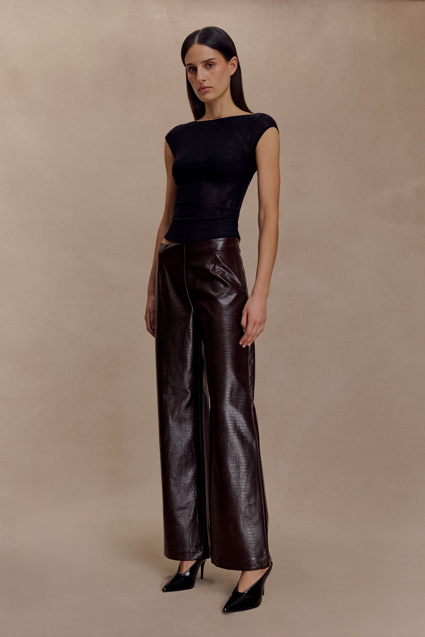 Pantalon droit en simili cuir Henry Croc - Chocolat noir