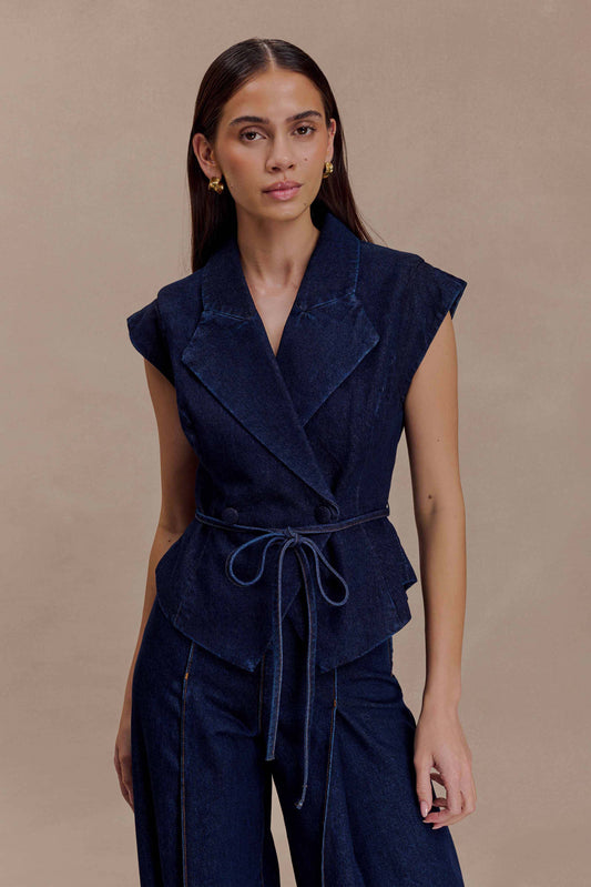 Top en jean à laçage structuré Charley - Bleu indigo