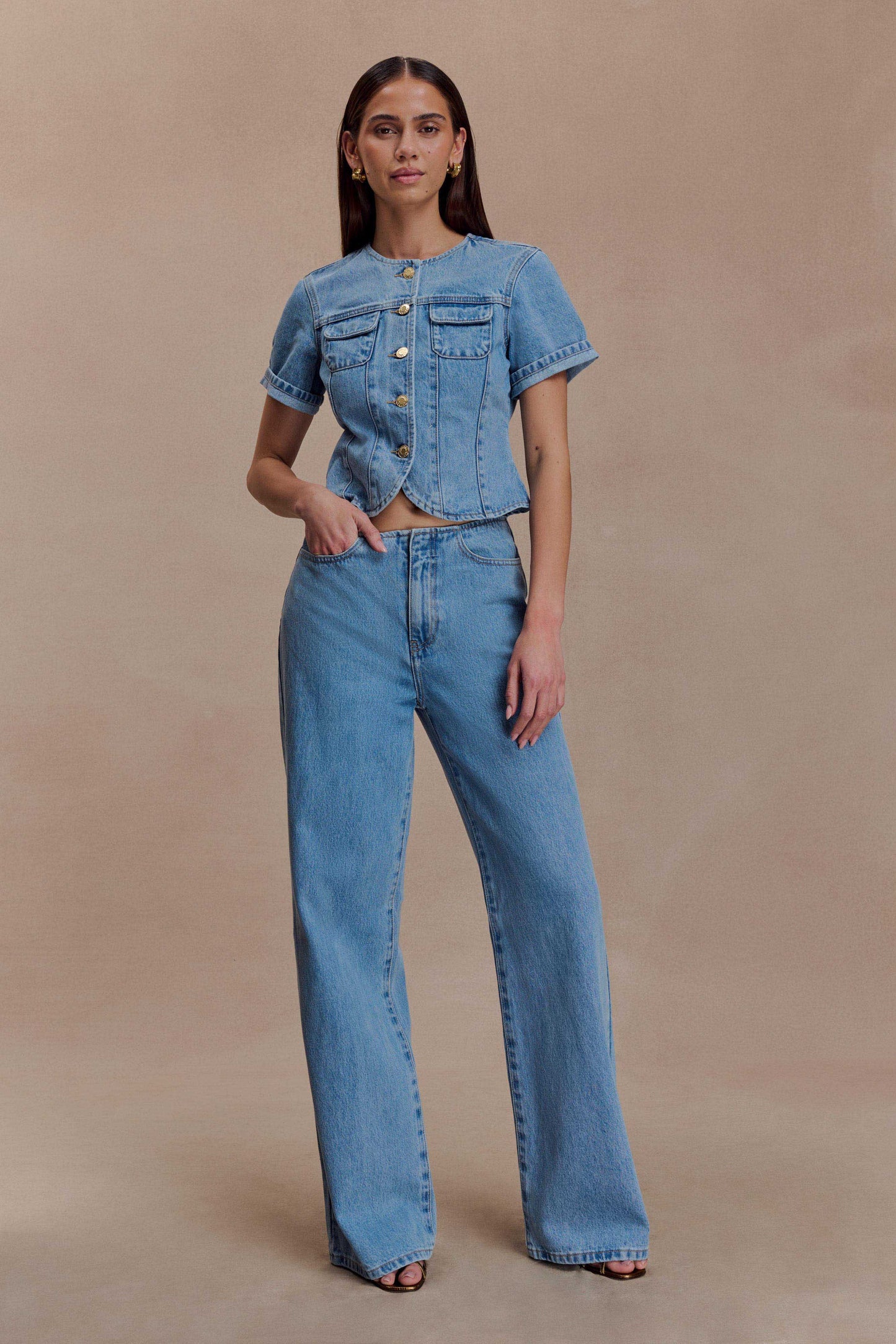 Top en jean à manches courtes et coupe ajustée Marge - Bleu classique