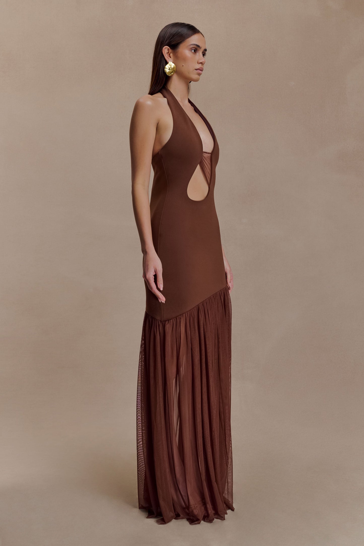 Robe Maxi en Crêpe et Maille Aubree - Chocolat/Moka
