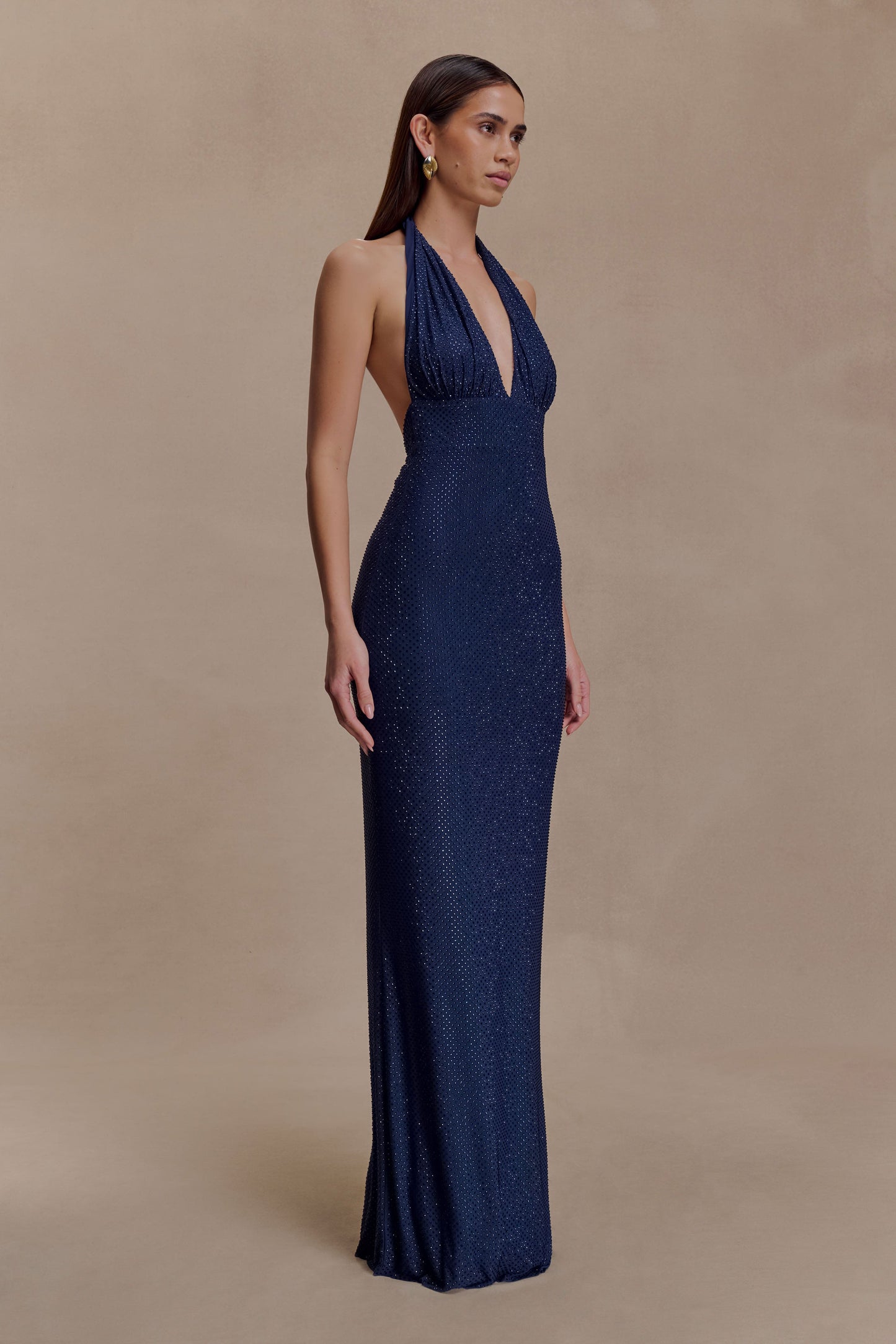 Robe Maxi Harriet à Manches Frangées et Diamants - Bleu Marine