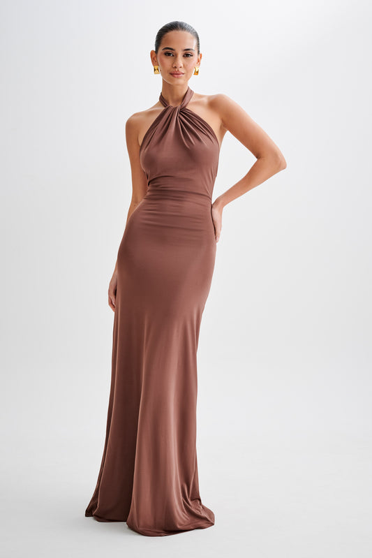 Robe Maxi Halter Élyna à Volants - Chocolat
