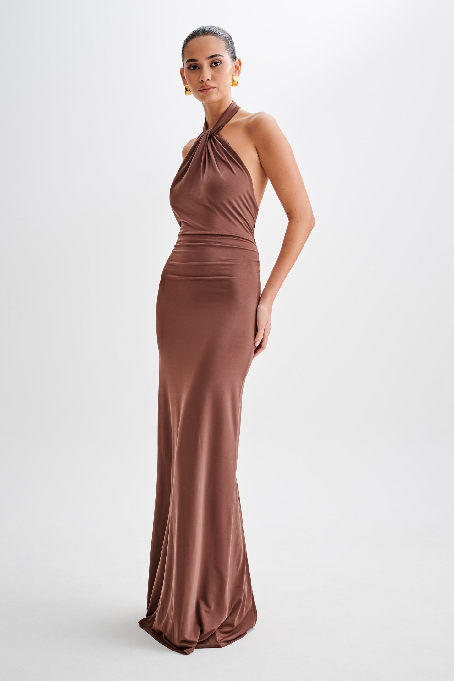 Robe Maxi Halter Élyna à Volants - Chocolat