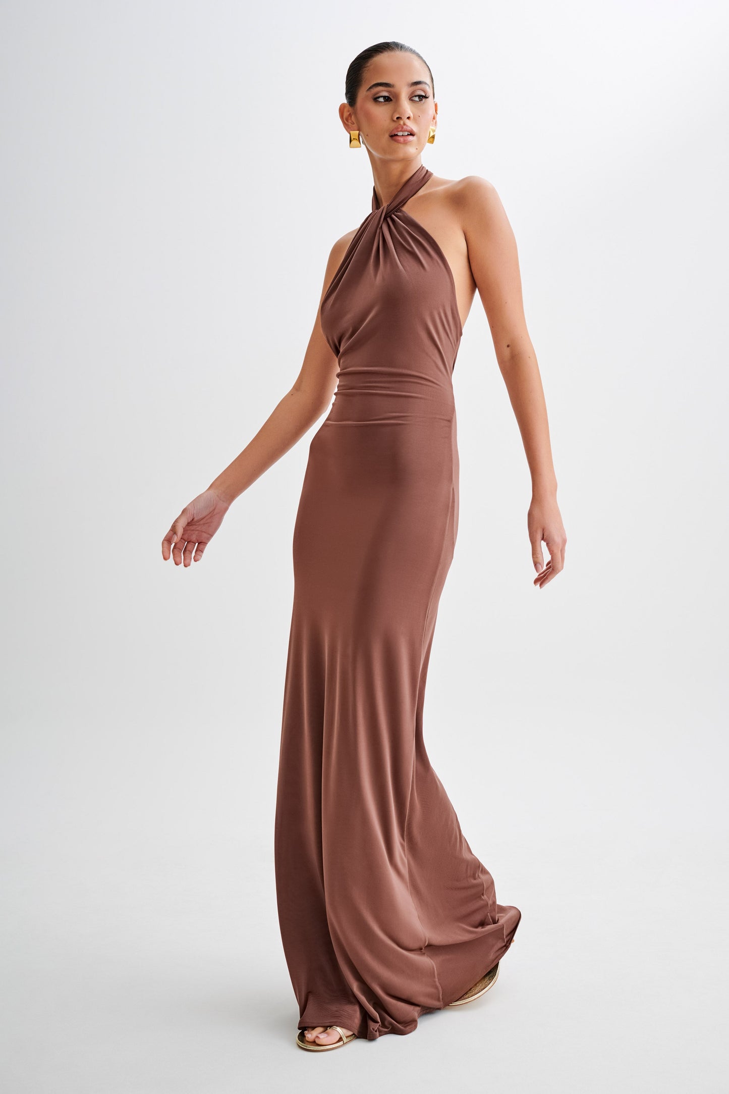 Robe Maxi Halter Élyna à Volants - Chocolat